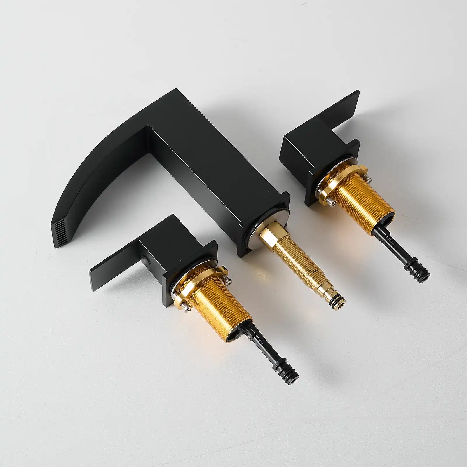 Matte black bathroom faucet set with all installation parts included for easy setup