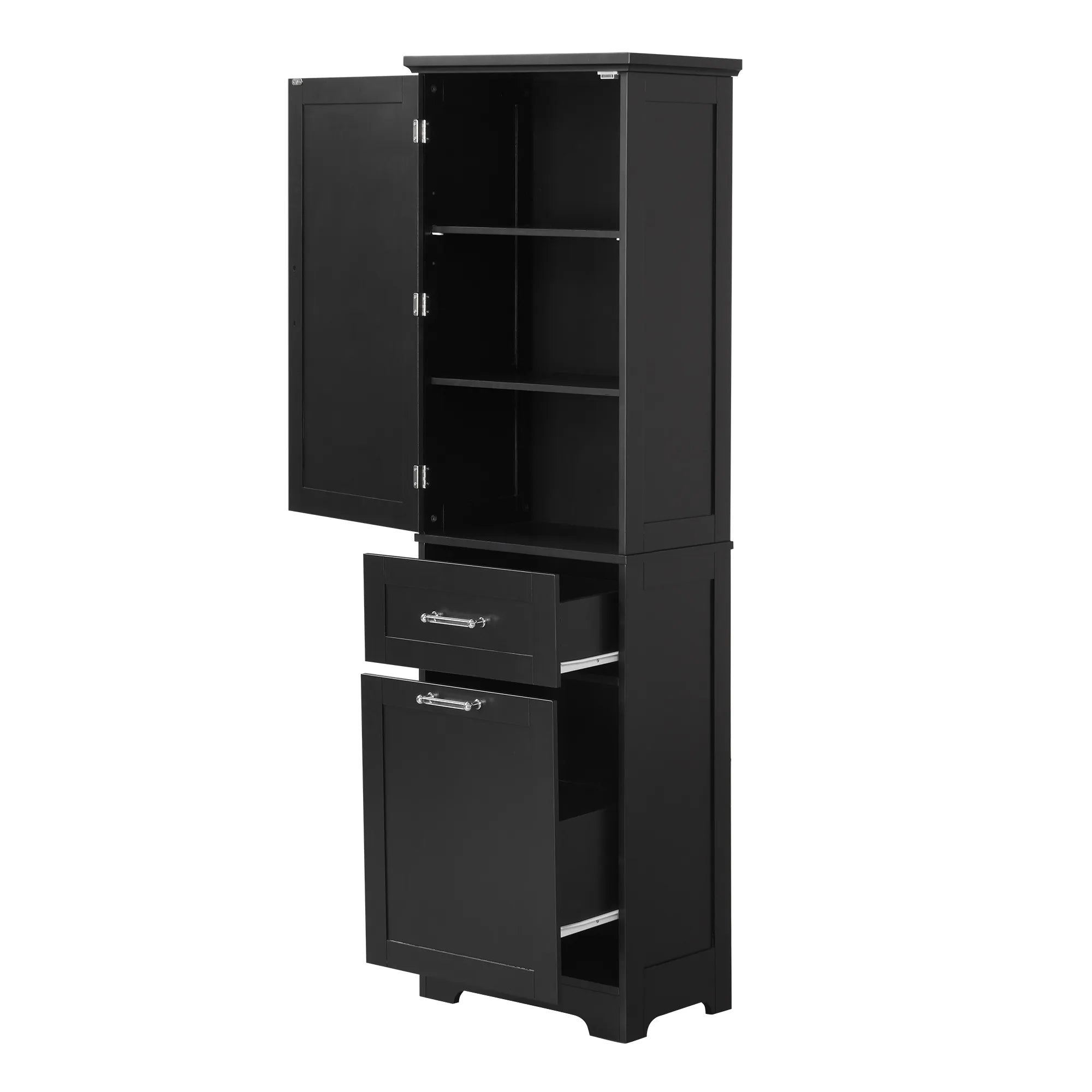 Valmor Series 68.1" Bathroom Black Cabinet with open doors and drawers.