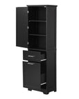 Valmor Series 68.1" Bathroom Black Cabinet with open doors and drawers.