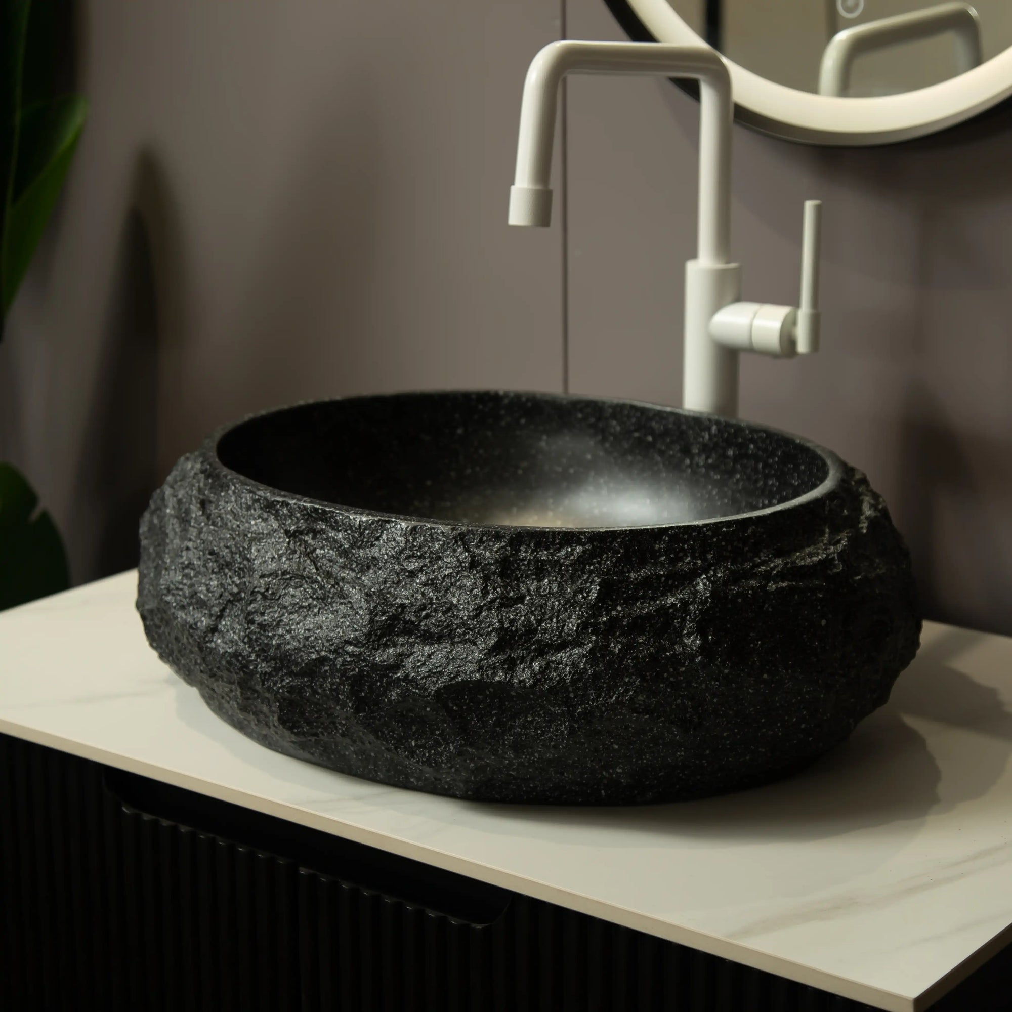 Astra Series 18&quot; Oval Sculpted Resin Stone Vessel Basin - Onyx Black