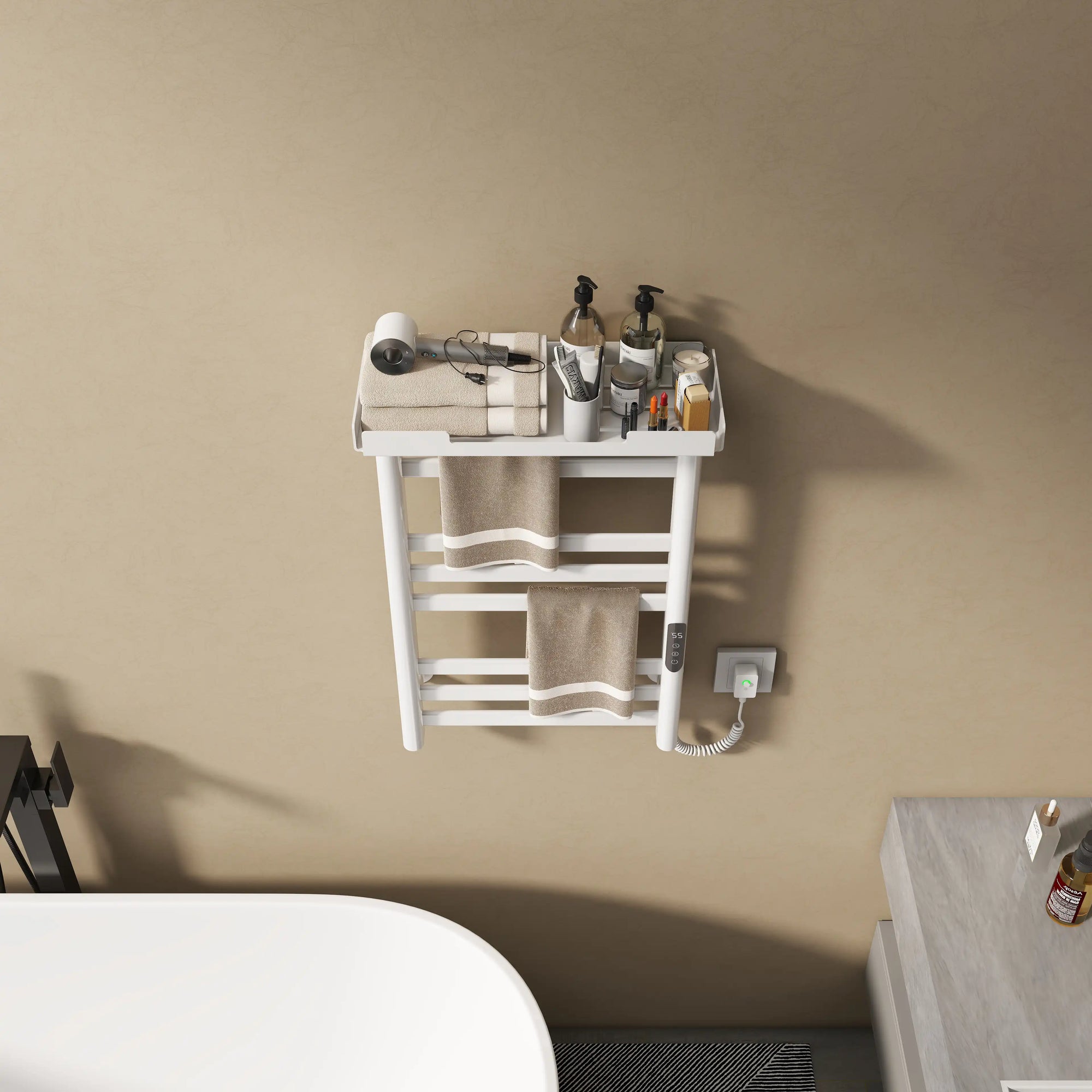 18 x 27 white hot towel warmer for home showing dry-wet separation shelf with bath essentials | Ace Decor