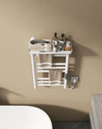 18 x 27 white hot towel warmer for home showing dry-wet separation shelf with bath essentials | Ace Decor