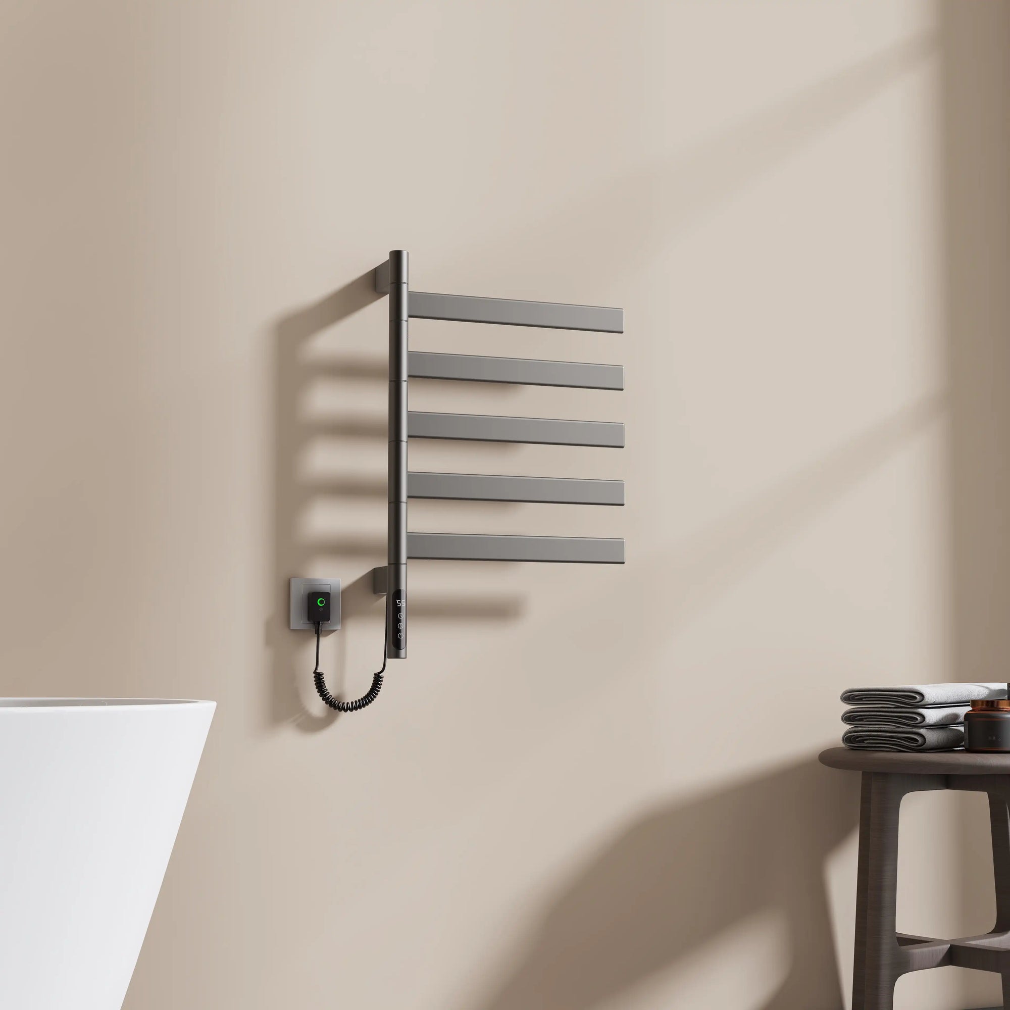 Velin Series 18 x 27 gray electric towel warmer for bathroom featuring six flat heating bars | Ace Decor