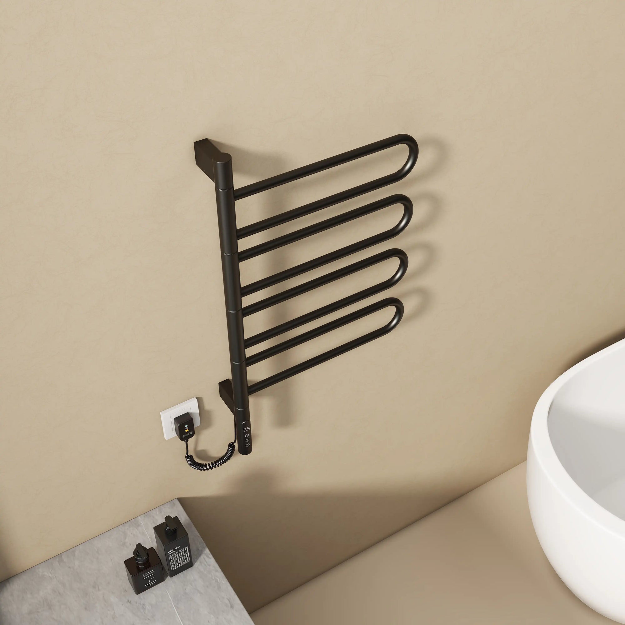 17 x 31 electric towel rack warmer in matte black with 180° rotating arms and digital control | Ace Decor