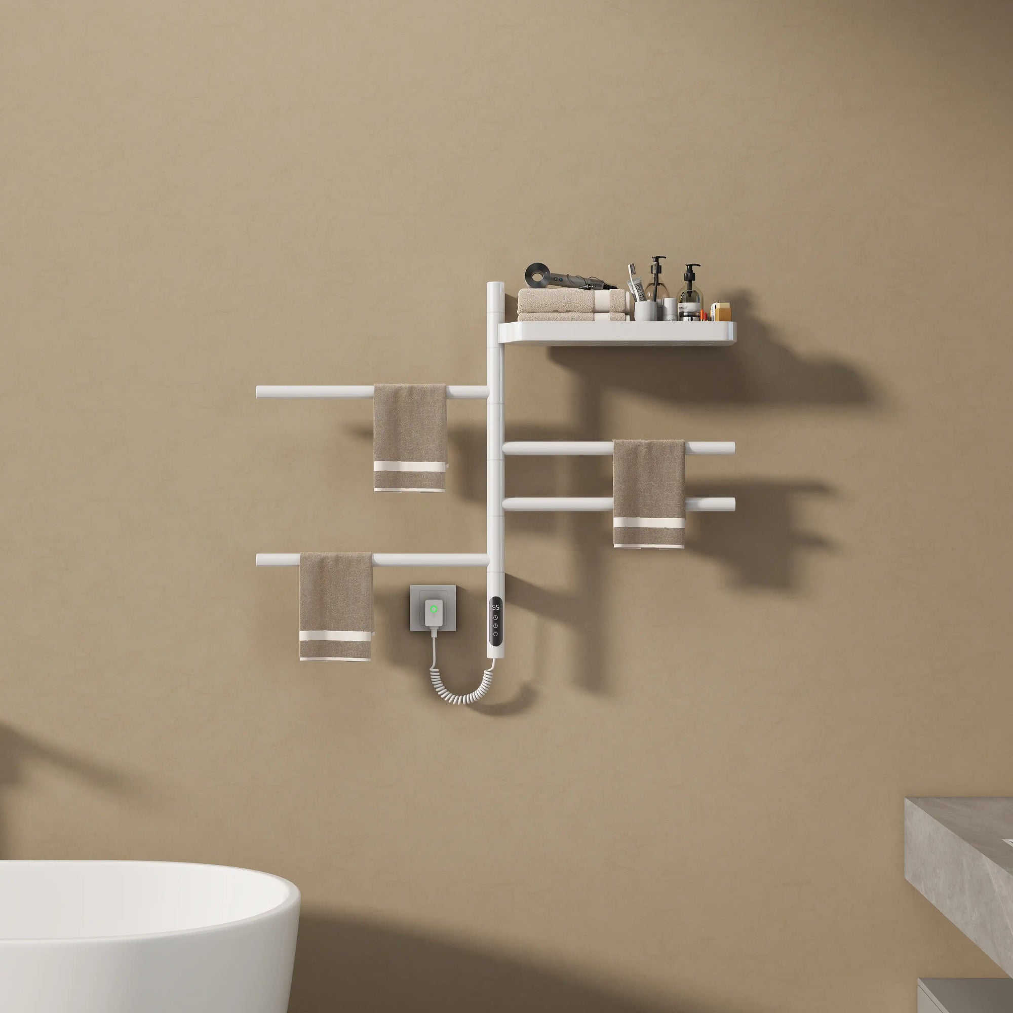 white wall mounted heated towel rack 18 x 27 with rotating arms and top shelf for towels | Ace Decor