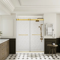 Front view of frameless shower door 60 x 74 with gold hardware, modern bathroom design | Ace Decor