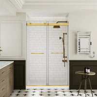 Front view of frameless brushed gold shower door 48 x 74 in modern bathroom. | Ace Decor