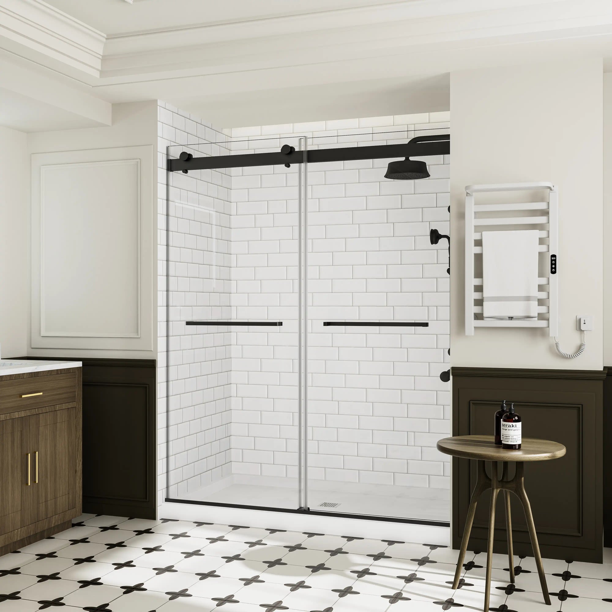 48&quot; x 74&quot; Black Frameless Double Sliding Shower Door with Soft-Close - Leak-Proof, Easy-Clean