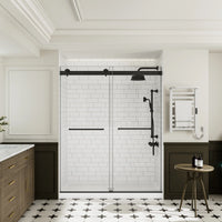 Front view of soft close sliding shower doors frameless design in matte black, size 60 x 74, installed in a modern bathroom | Ace Decor