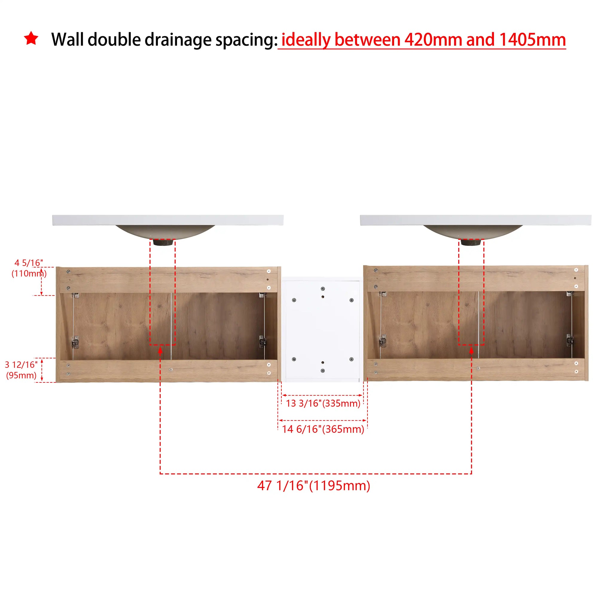 Monterey Series 84" Double Floating Bathroom Vanity in Imitative Oak with Side Cabinet and Integrated Sink