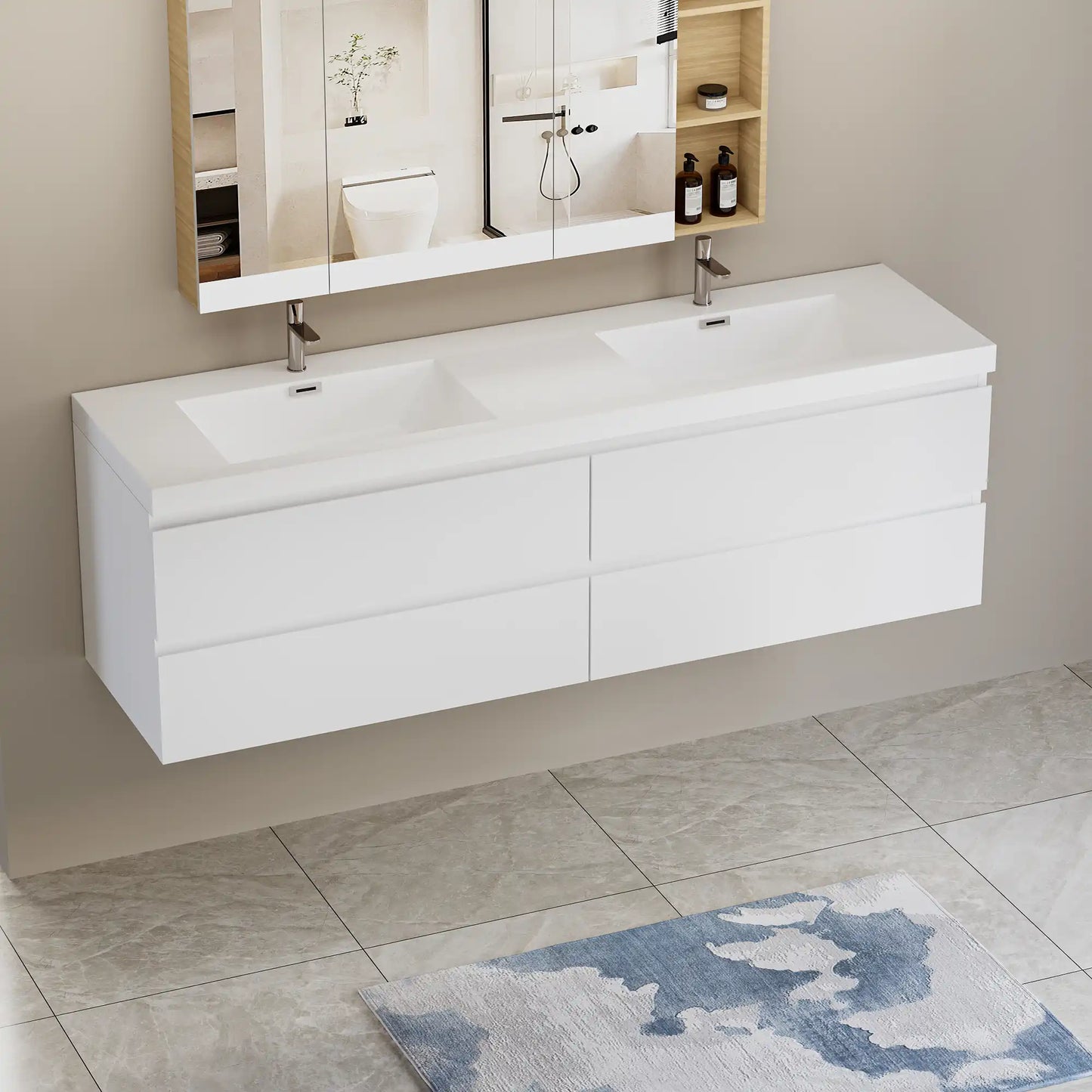 Sleek Floating Bathroom Vanity with Dual Resin Basins & Soft Close Drawers color: White