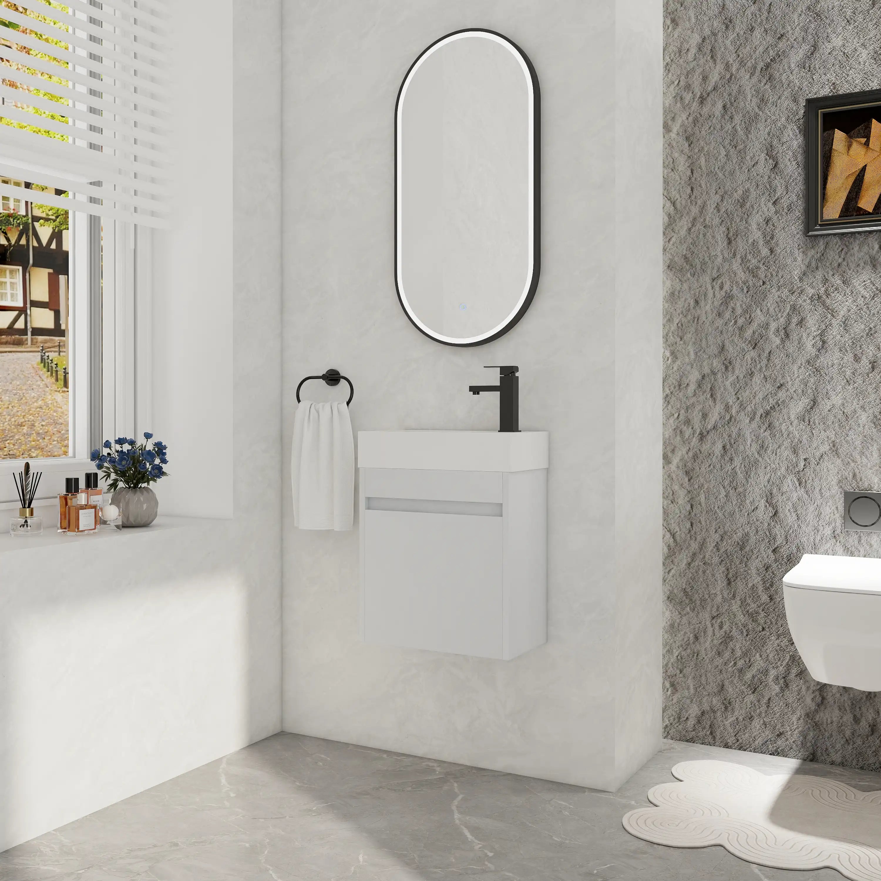 Aeris 18" white bathroom sink with vanity displayed in a bright modern bathroom interior.
