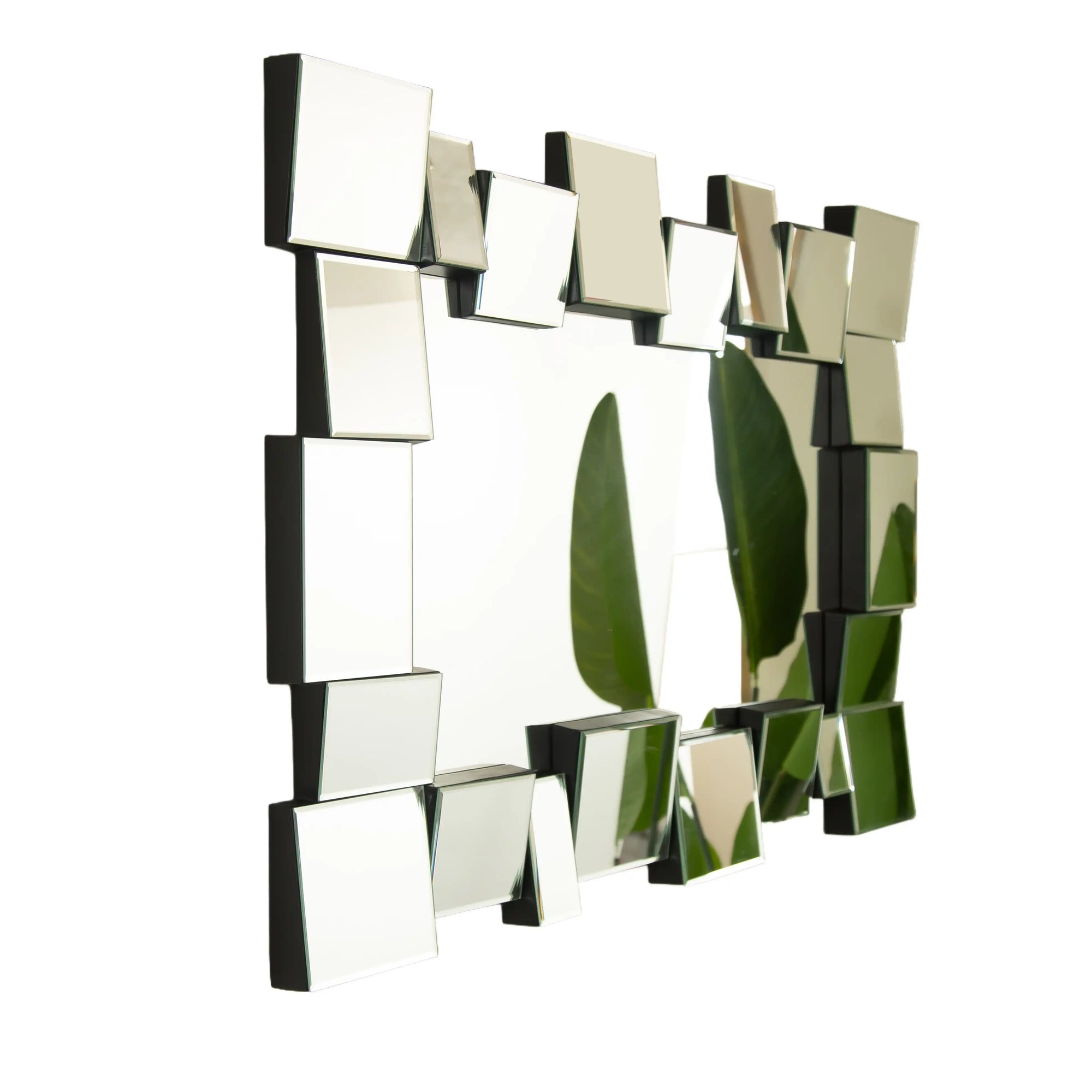 Angled perspective of a 39 x 29 modern decorative mirror featuring geometric beveled glass blocks | Ace Decor