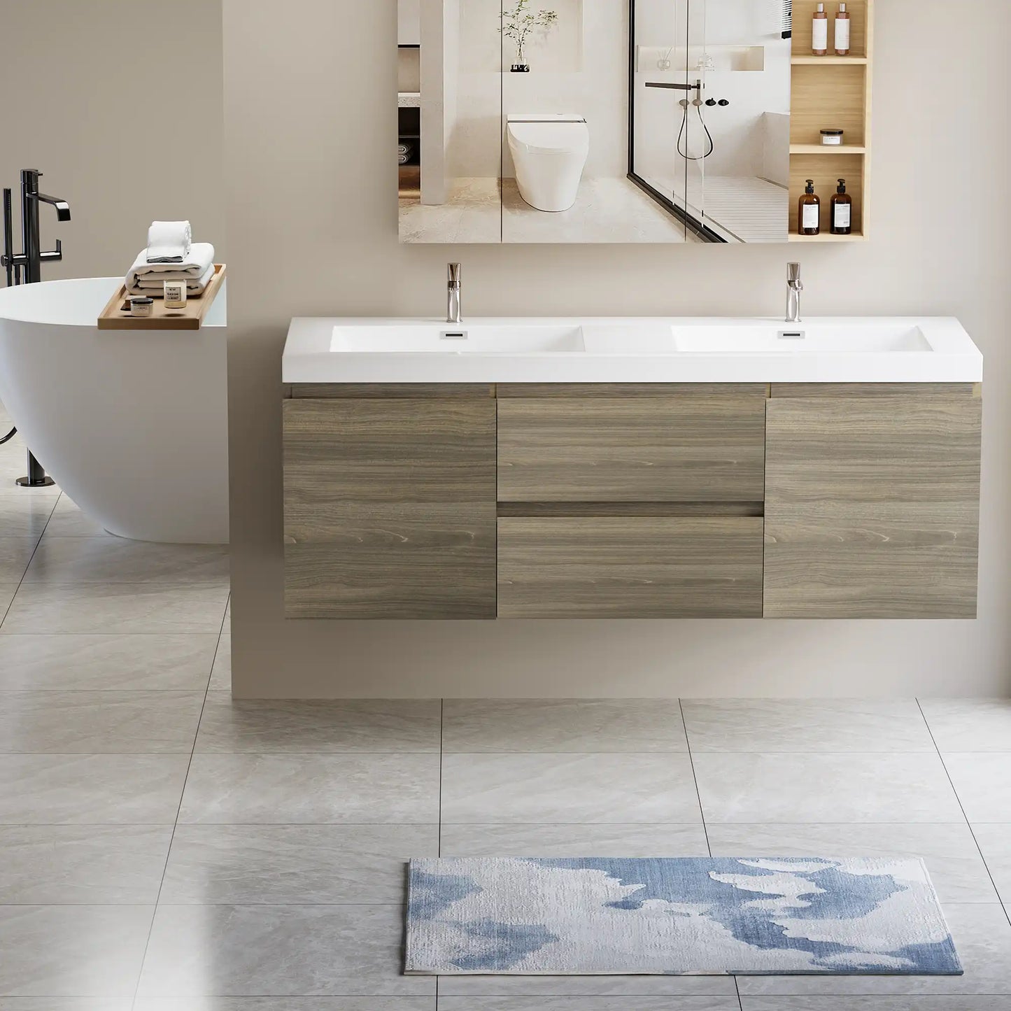 47/59" Modern Floating Bathroom Vanity with Resin Top Basin color: Ash Grey | sink: Double