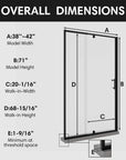 Detailed overall dimensions of 42 in shower doors, watertight enclosure measuring 42 x 71 | Ace Decor