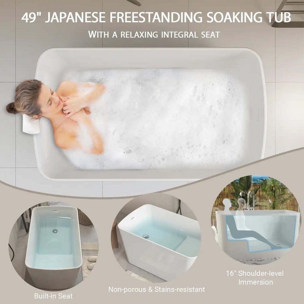 Nectar 49-inch Japanese-style soaking tub with built-in seat and deep shoulder-level immersion for a spa-like bathing experience