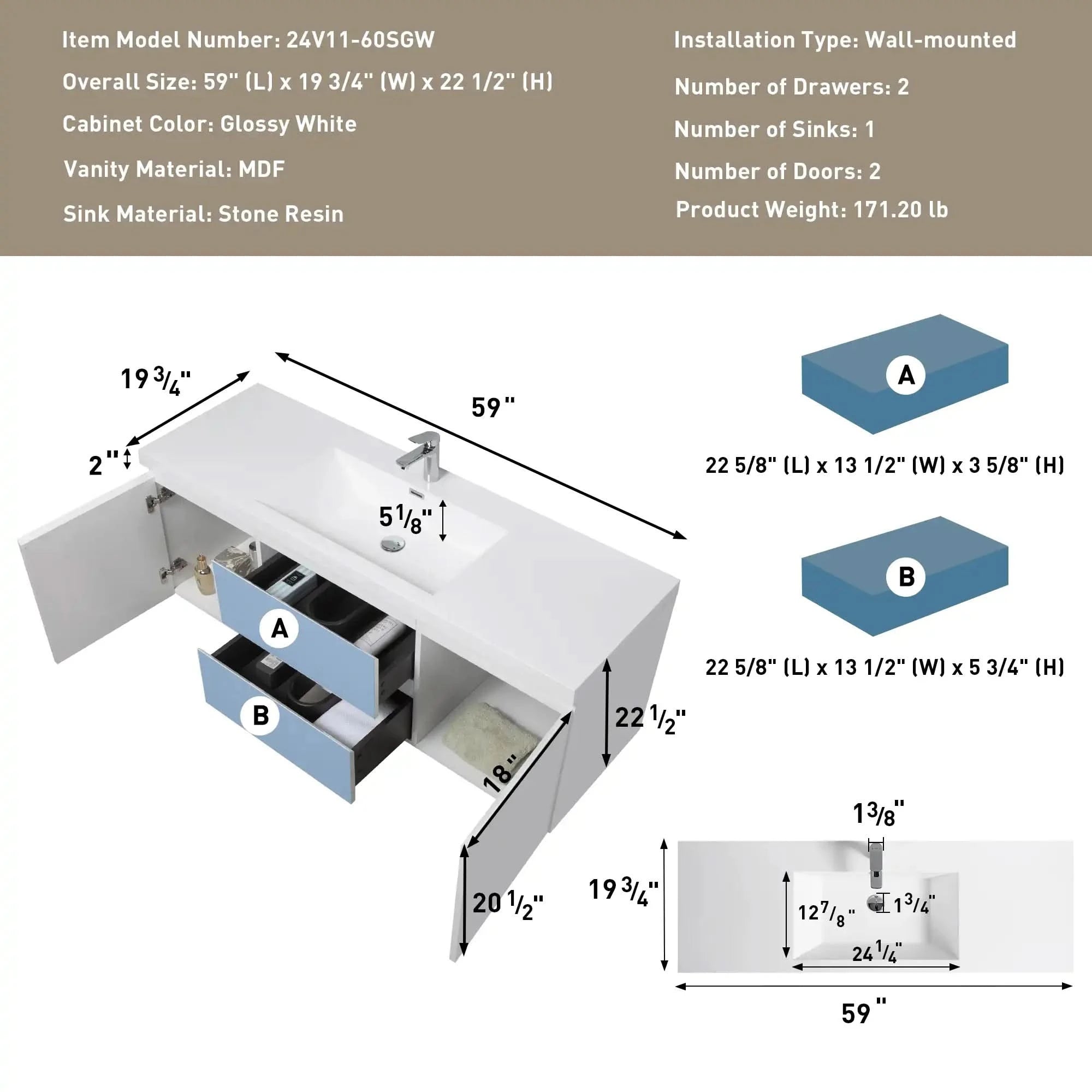 47/59" Modern Floating Bathroom Vanity with Resin Top Basin sink: single