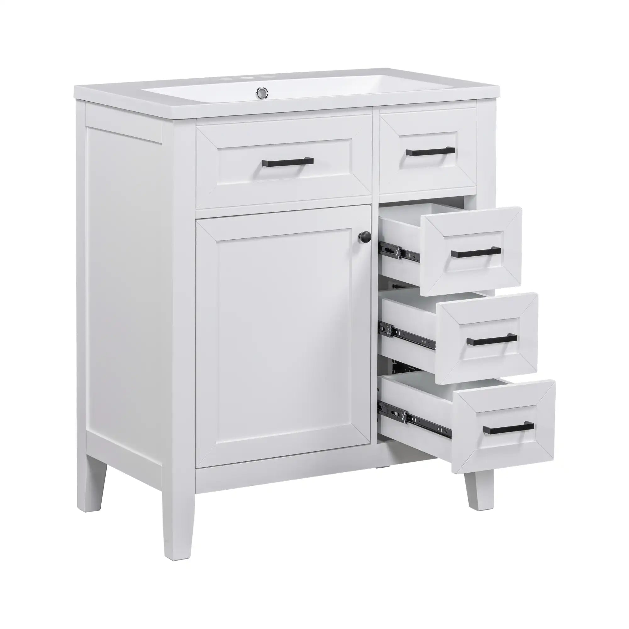 Elmsford 30" white bathroom vanity with three pull-out drawers and white ceramic sink.