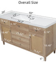 Soleil 60" Bathroom Vanity with Sink, Natural Wood Cabinet with Drawers
