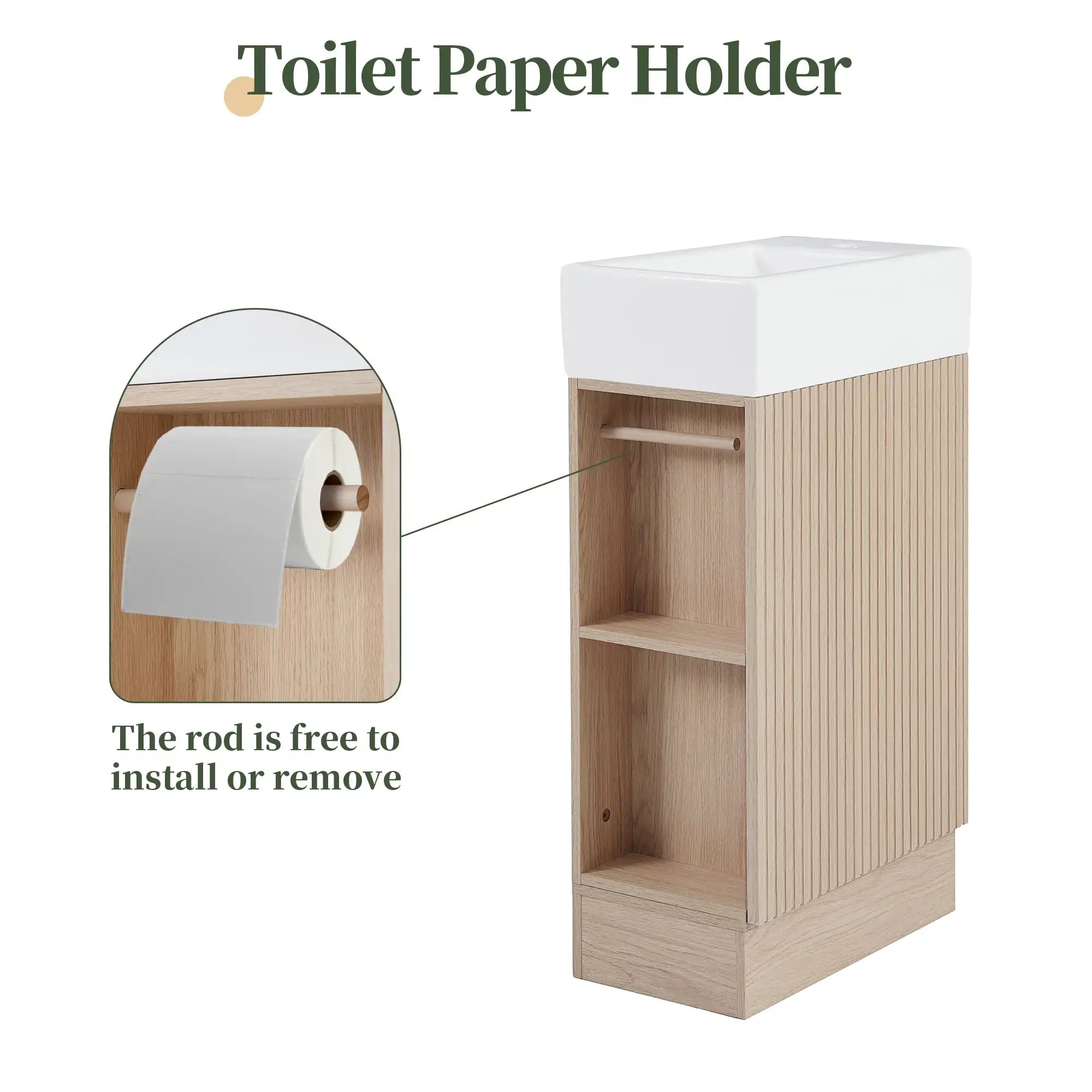 Avenra Series bathroom vanity side shelf with built-in toilet paper holder and removable rod installation