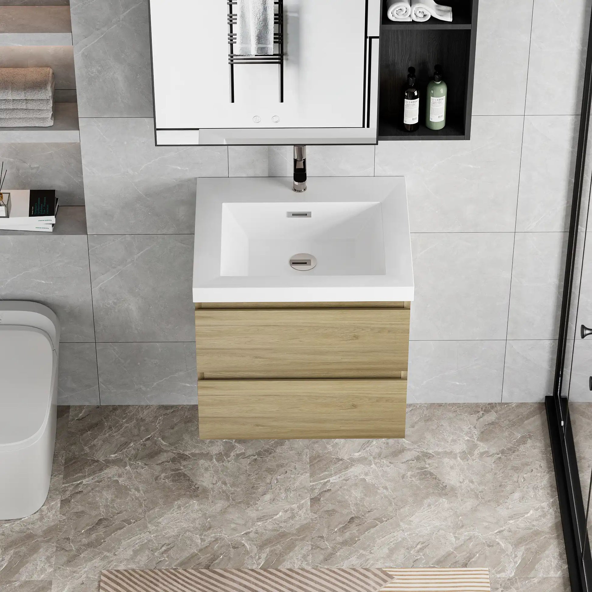 Floating Bathroom Vanity with Resin Top Basin & Soft Close Drawers - Modern Wall-Mounted Storage Cabinet color: Oak