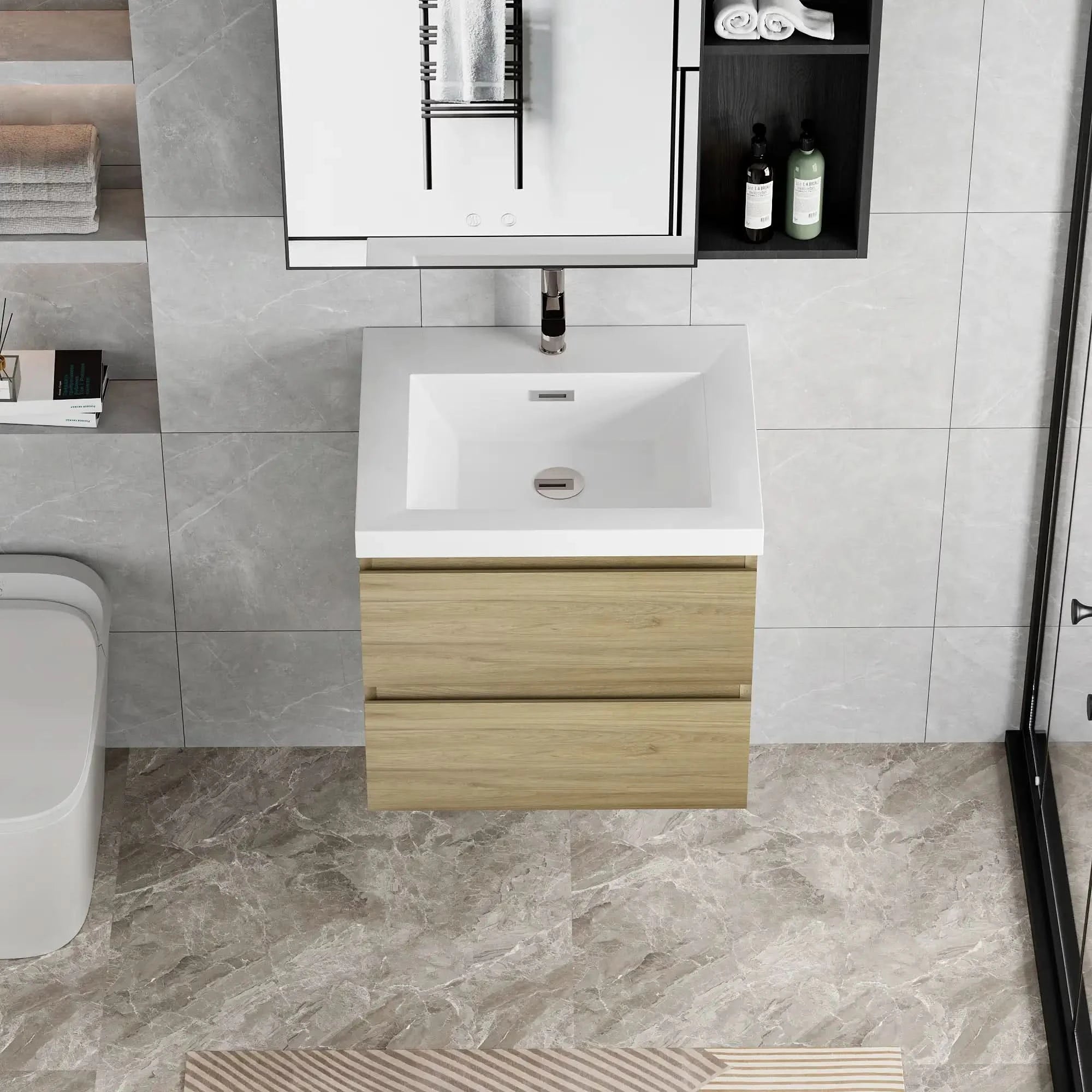 Floating Bathroom Vanity with Resin Top Basin &amp; Soft Close Drawers - Modern Wall-Mounted Storage Cabinet color: Oak