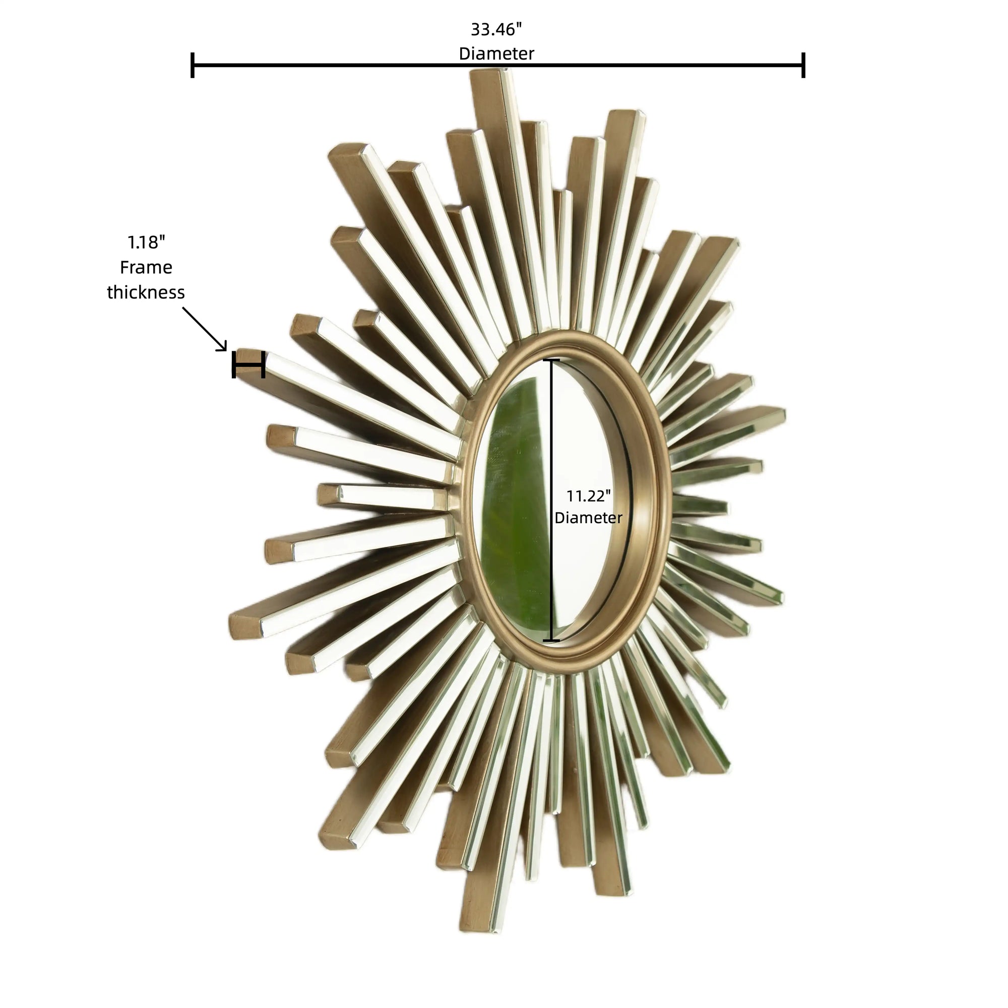 33&quot; modern large wall mirror with sunburst beveled frame shown with measurements | Ace Decor