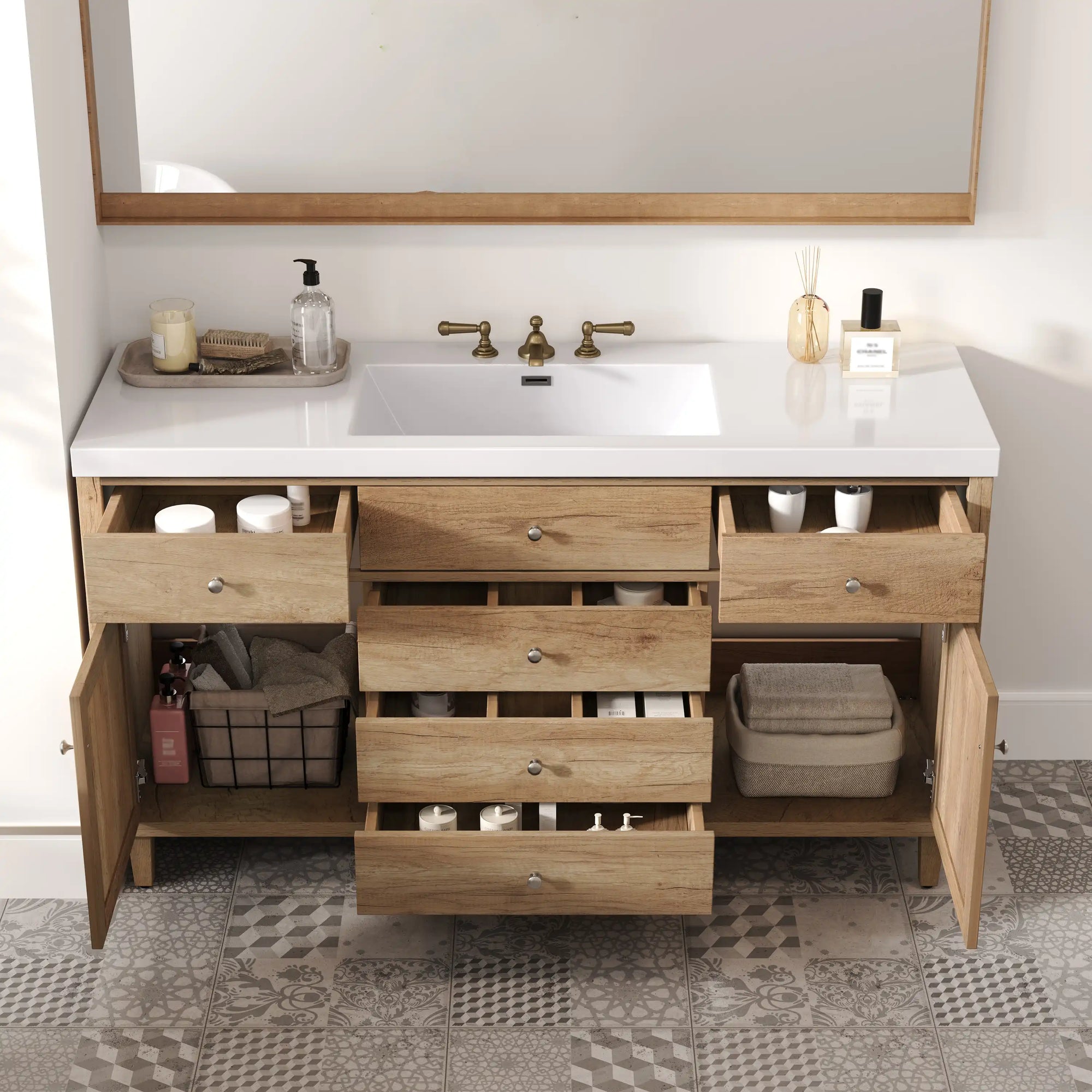 Soleil 60&quot; Bathroom Vanity with Sink, Natural Wood Cabinet with Drawers