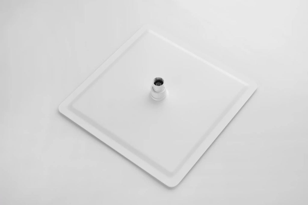 Backside of a white square rain shower head showing the universal U.S. shower arm connector.
