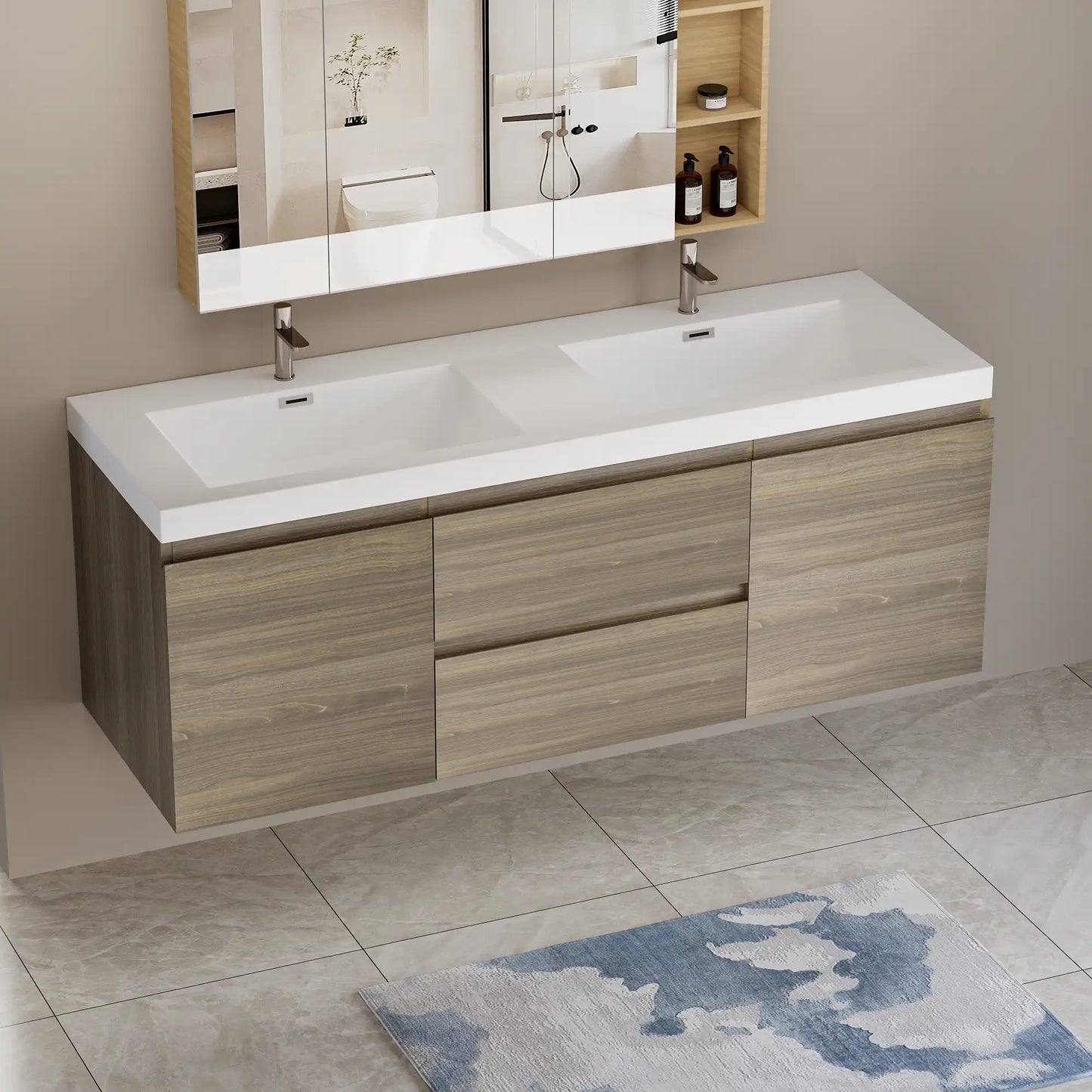 47/59" Modern Floating Bathroom Vanity with Resin Top Basin color: Ash Grey | sink: Double