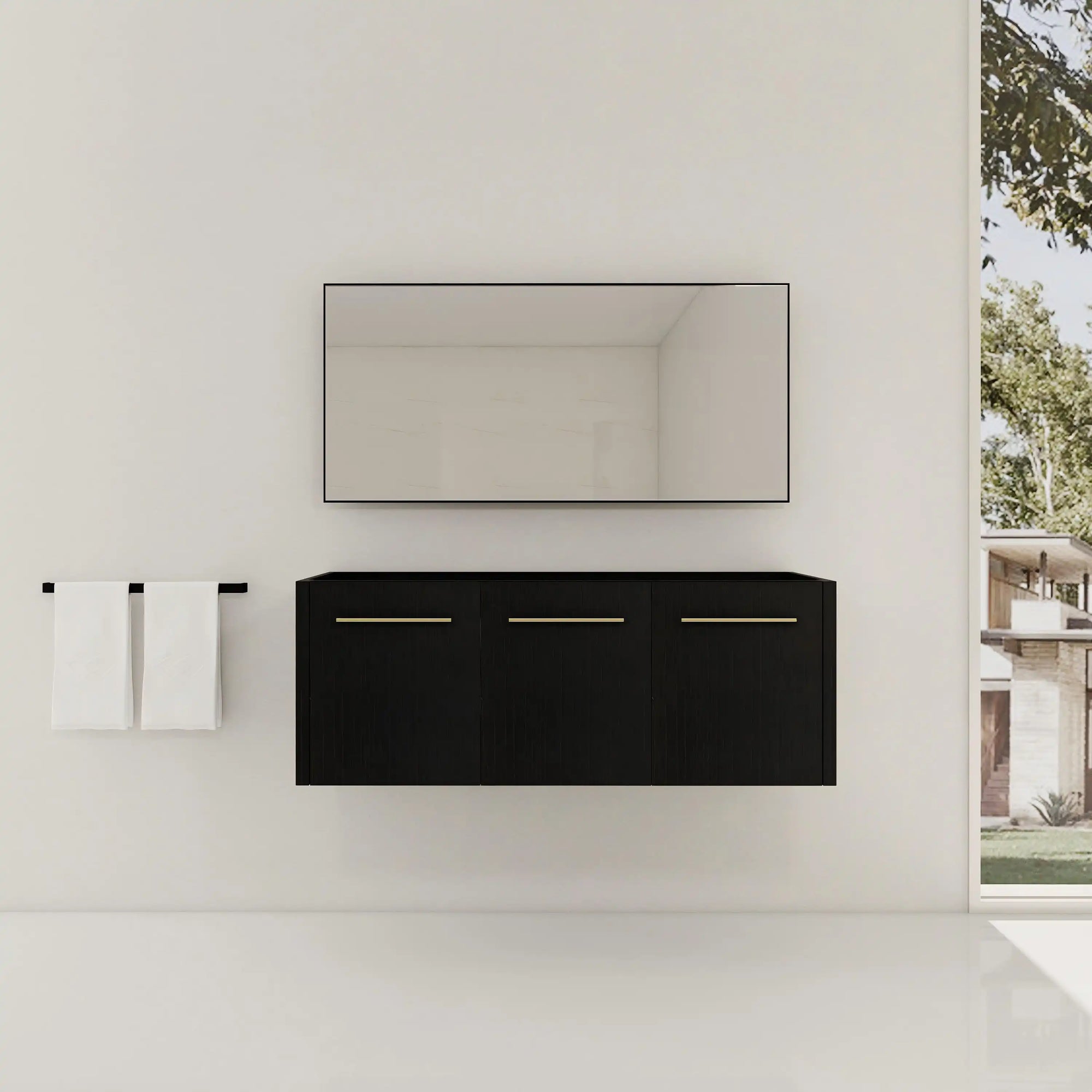 47" vanity cabinet without sink floating design with black chestnut finish and minimalist bathroom installation | Ace Decor