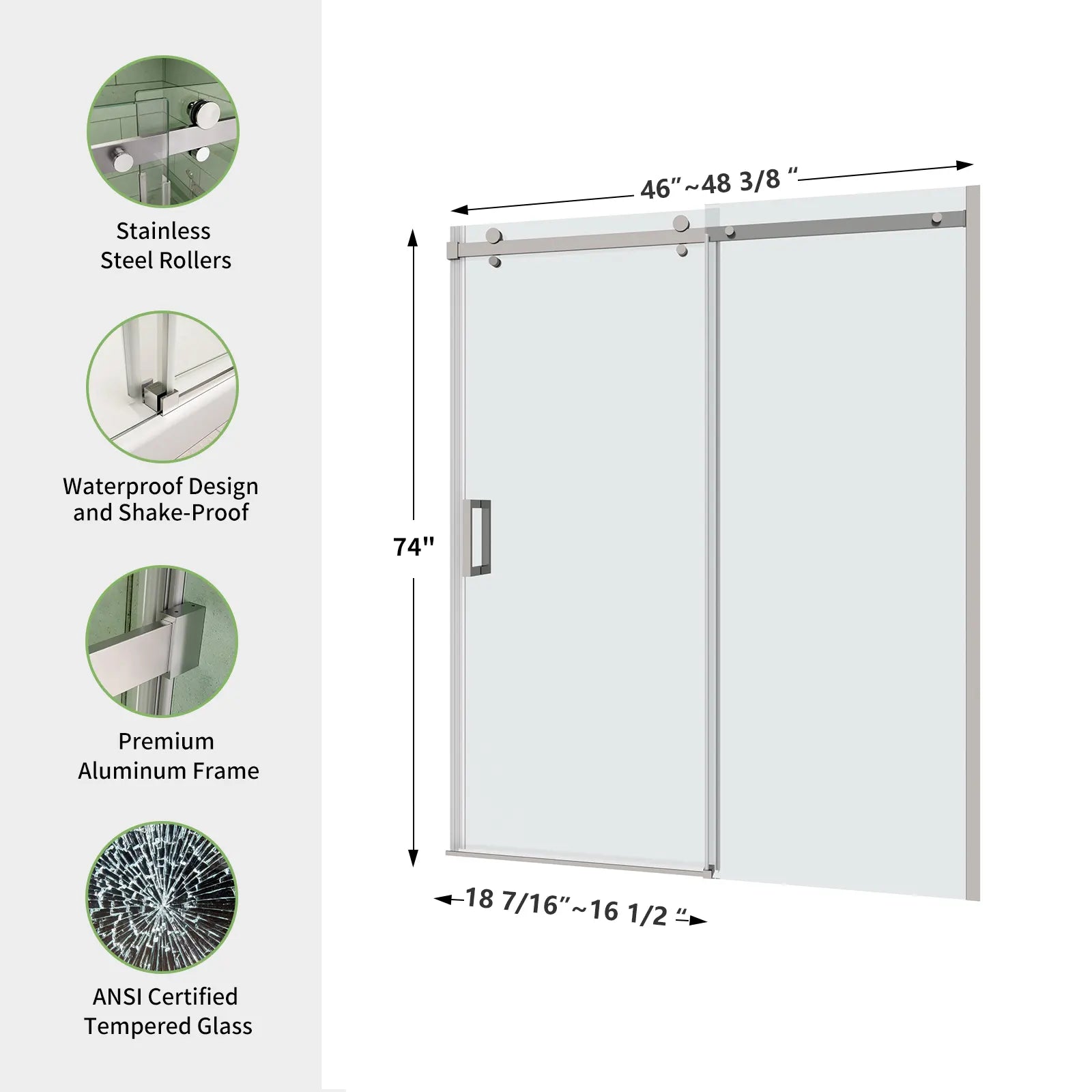 48'' x 74'' Frameless Single Sliding Shower Door - 5/16'' Tempered Glass, Adjustable (46''-48'')