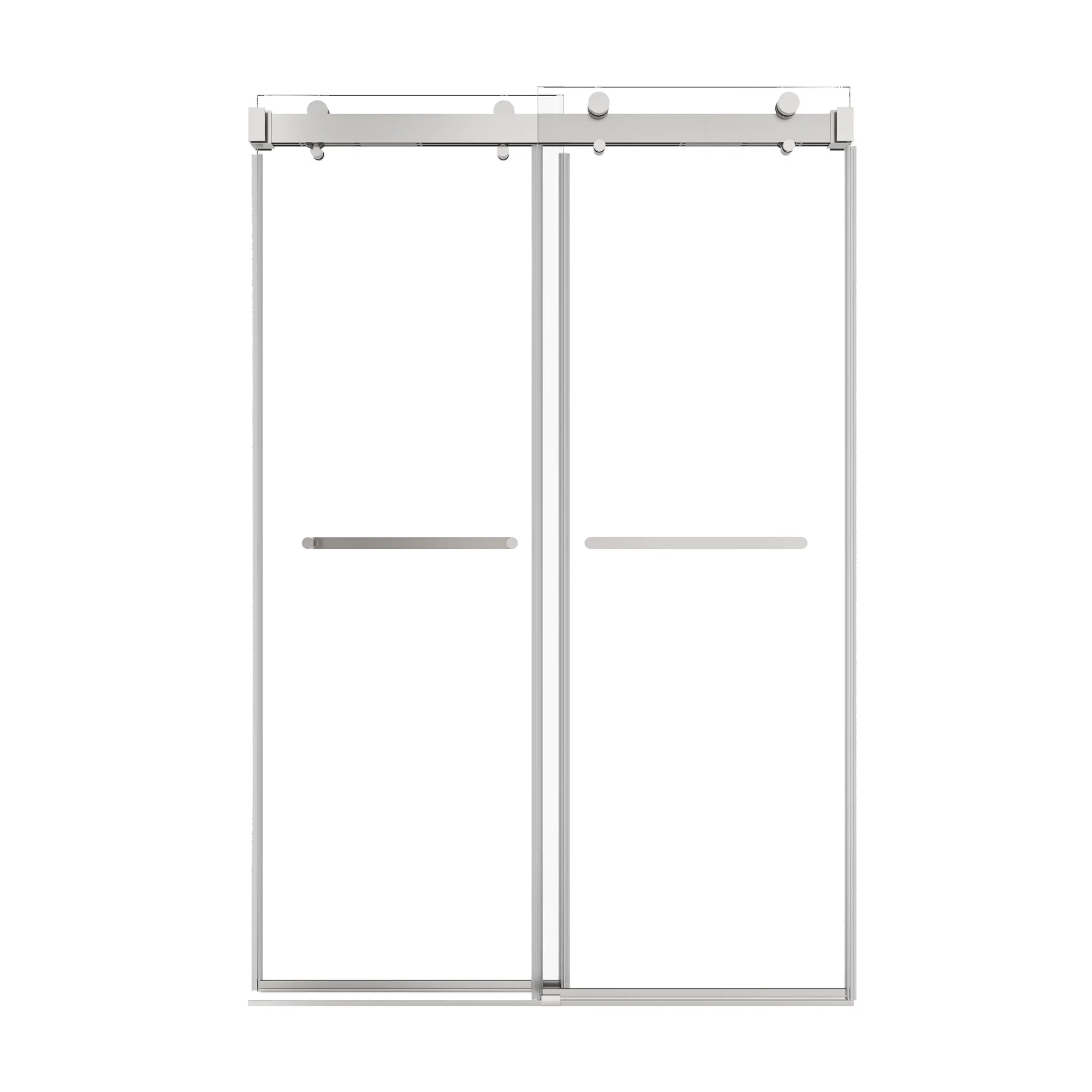 48 x 76 chrome 48 inch sliding shower doors with frameless modern design and dual towel bar handles | Ace Decor