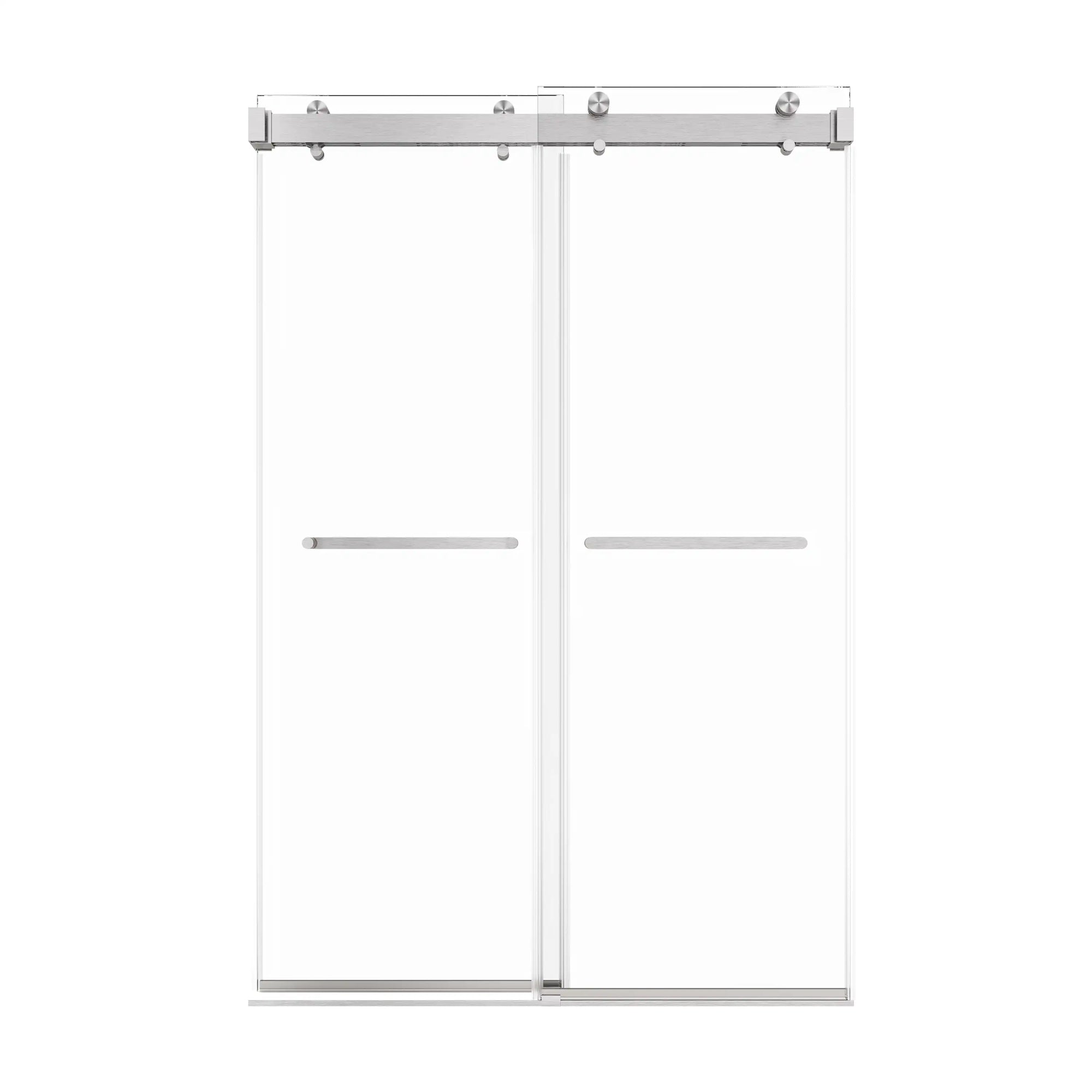 48 in brushed nickel sliding shower door with double towel bars, frameless modern design, and 48 x 76 inch dimensions | Ace Decor