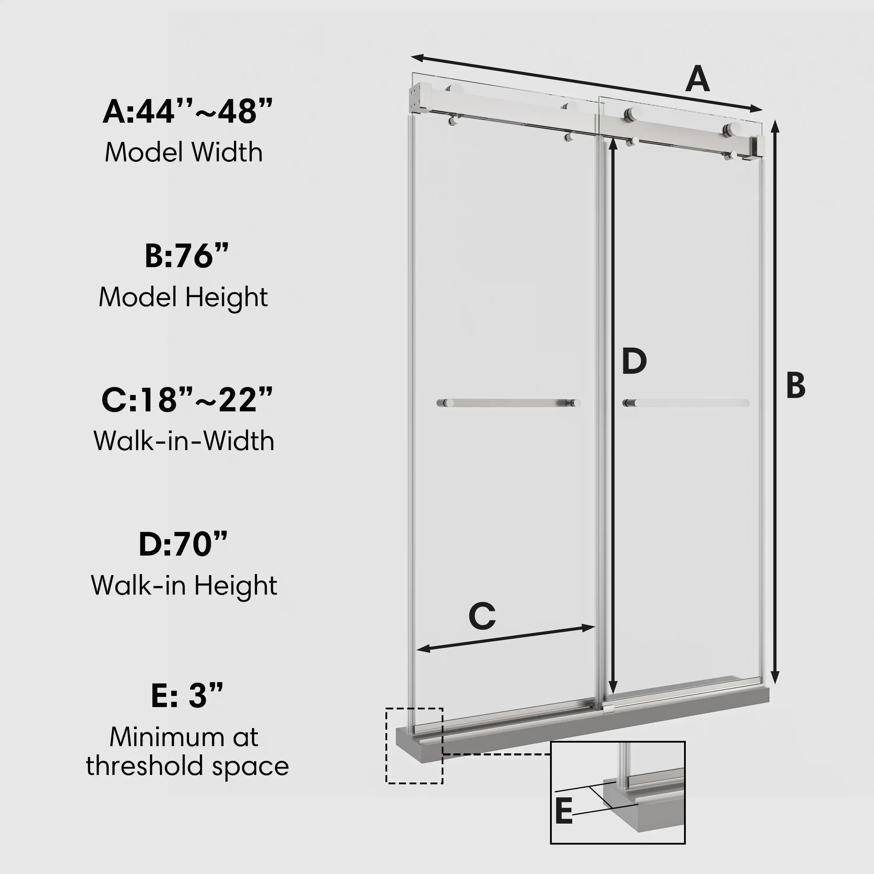 Dimension diagram of 48 x 76 chrome 48 inch sliding shower doors showing model width, height, and walk-in measurements for installation reference | Ace Decor