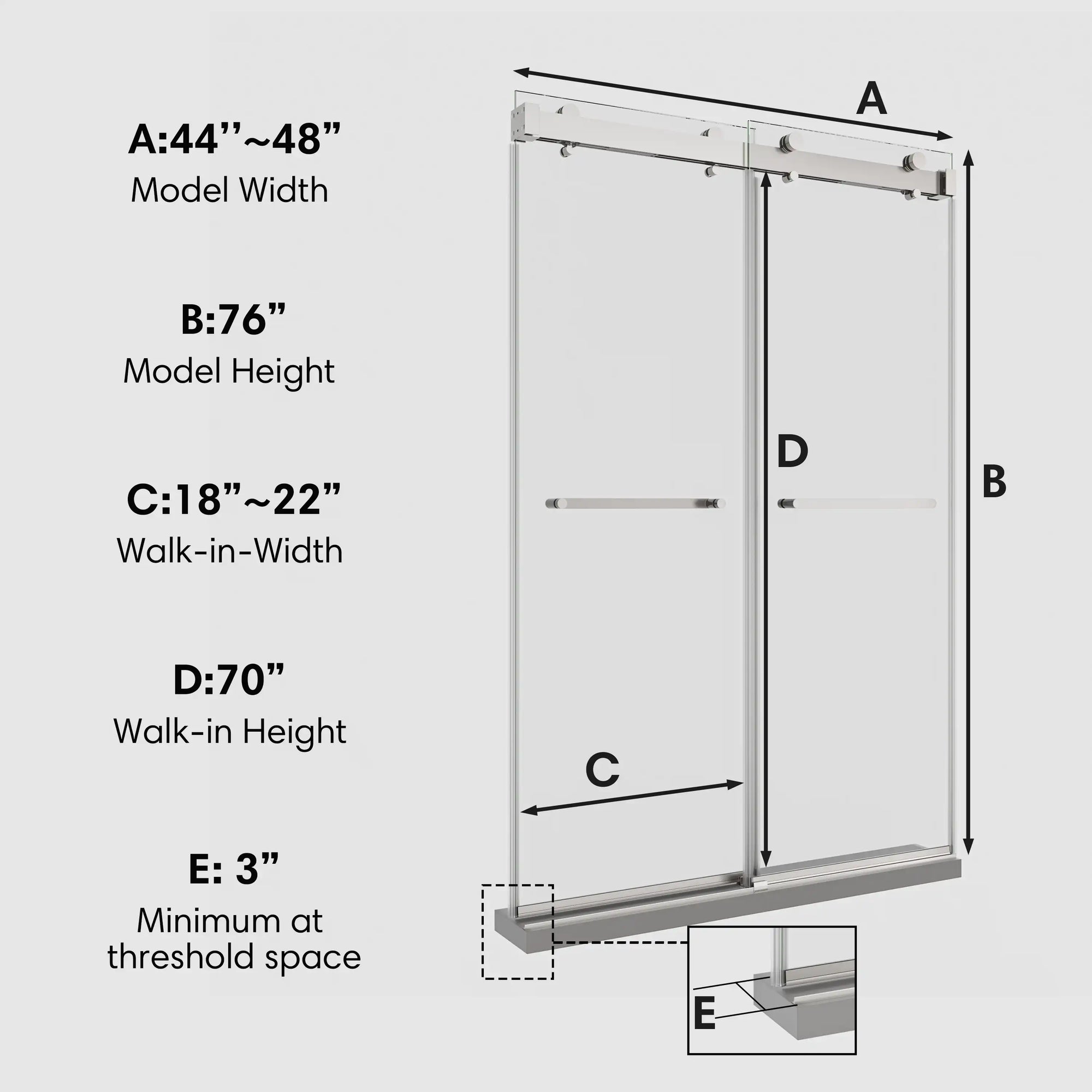 Dimension diagram of 48 x 76 chrome 48 inch sliding shower doors showing model width, height, and walk-in measurements for installation reference | Ace Decor