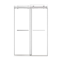 48 in brushed nickel sliding shower door with double towel bars, frameless modern design, and 48 x 76 inch dimensions | Ace Decor