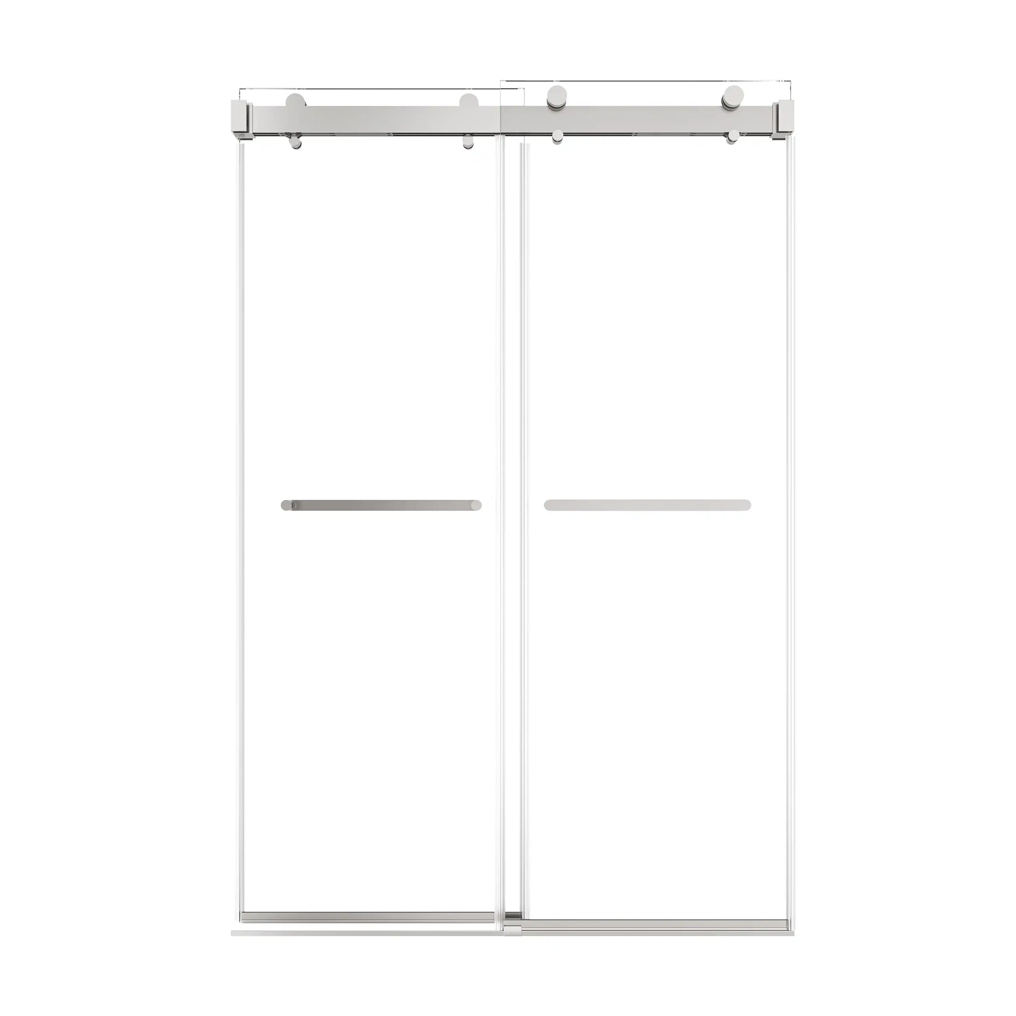 48 x 76 chrome 48 inch sliding shower doors with frameless modern design and dual towel bar handles | Ace Decor