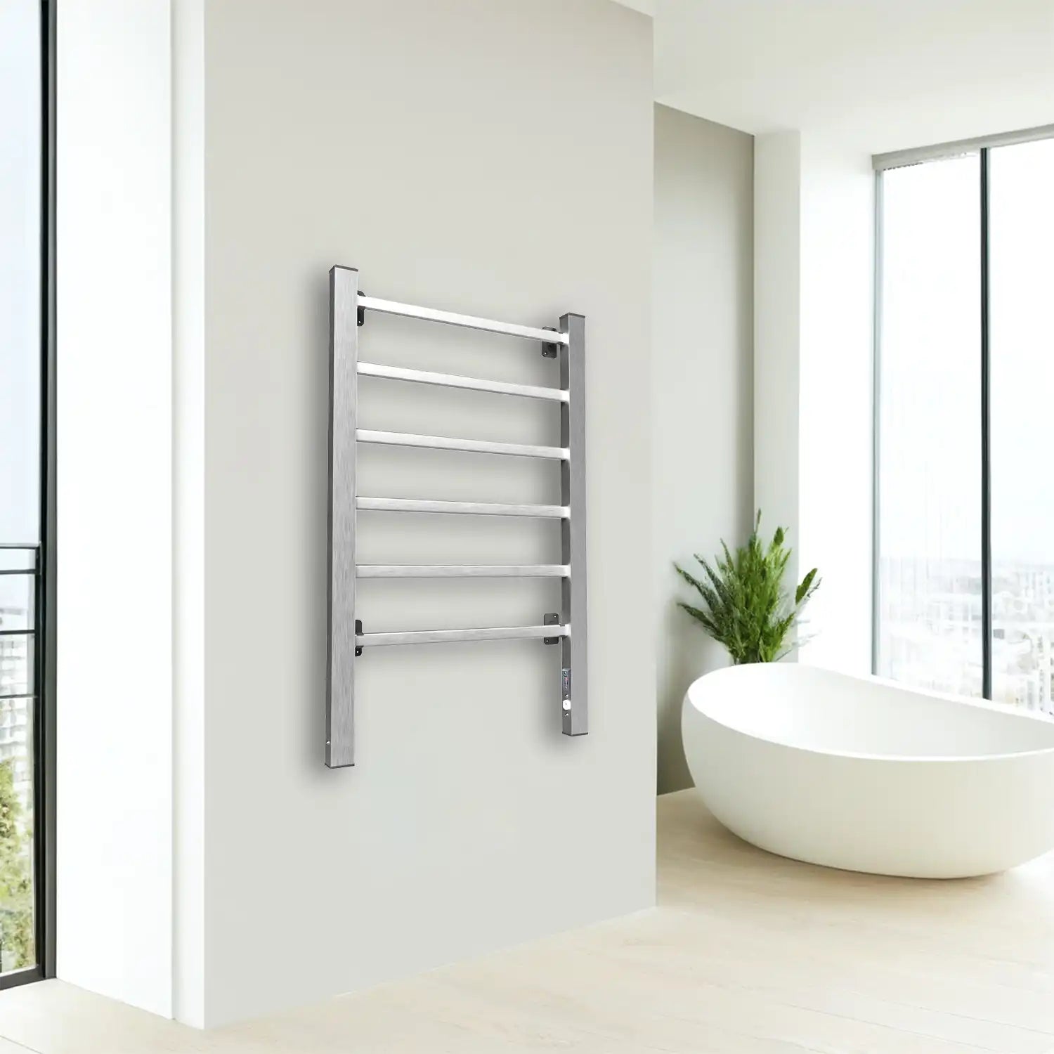 Silver Electric Heated Towel Rack - Wall-Mounted Towel Warmer with 6 Stainless Steel Bars color: Silver