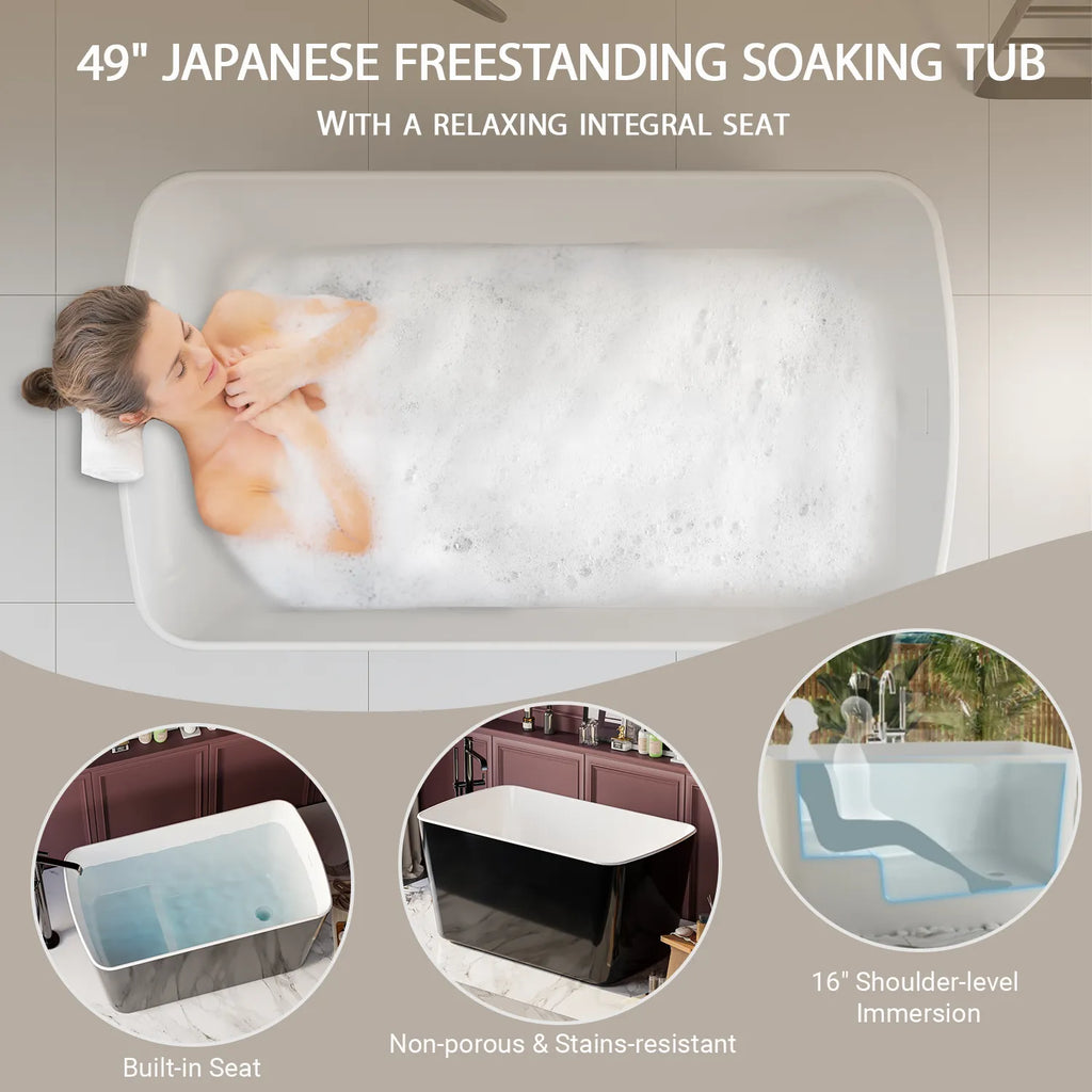 Nectar glossy black Japanese-style soaking tub with built-in seat for a spa-like bathing experience.