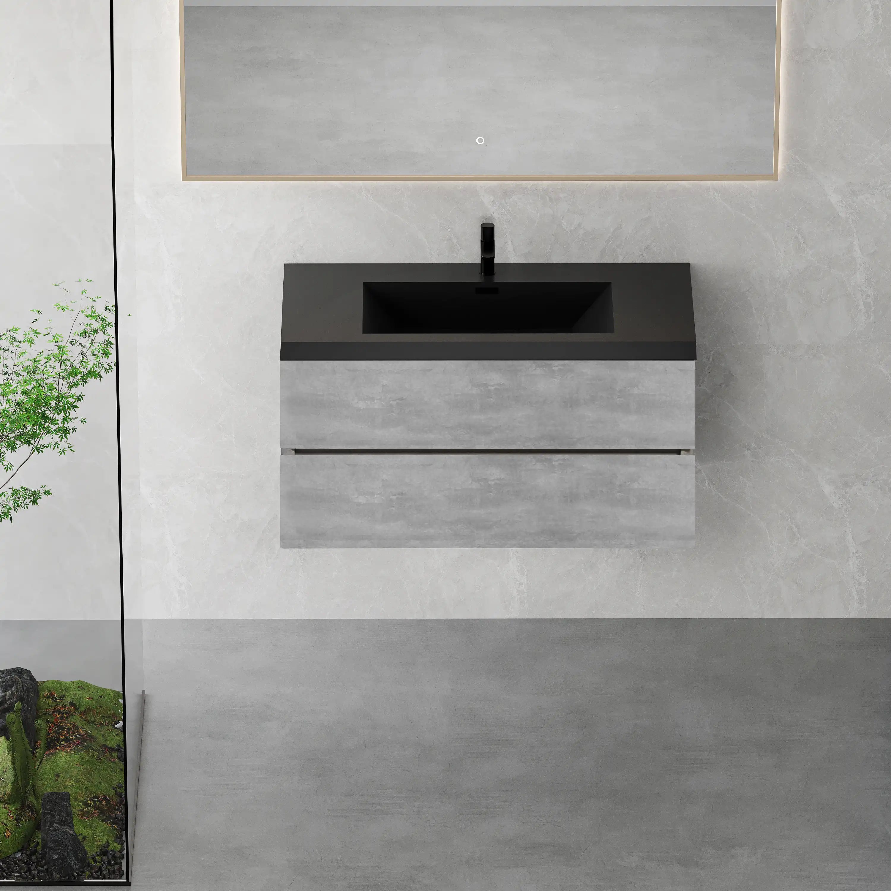 23''-47'' Floating Dark Grey Corner Vanity with Matte Black Sink - 2 Soft Close Drawers
