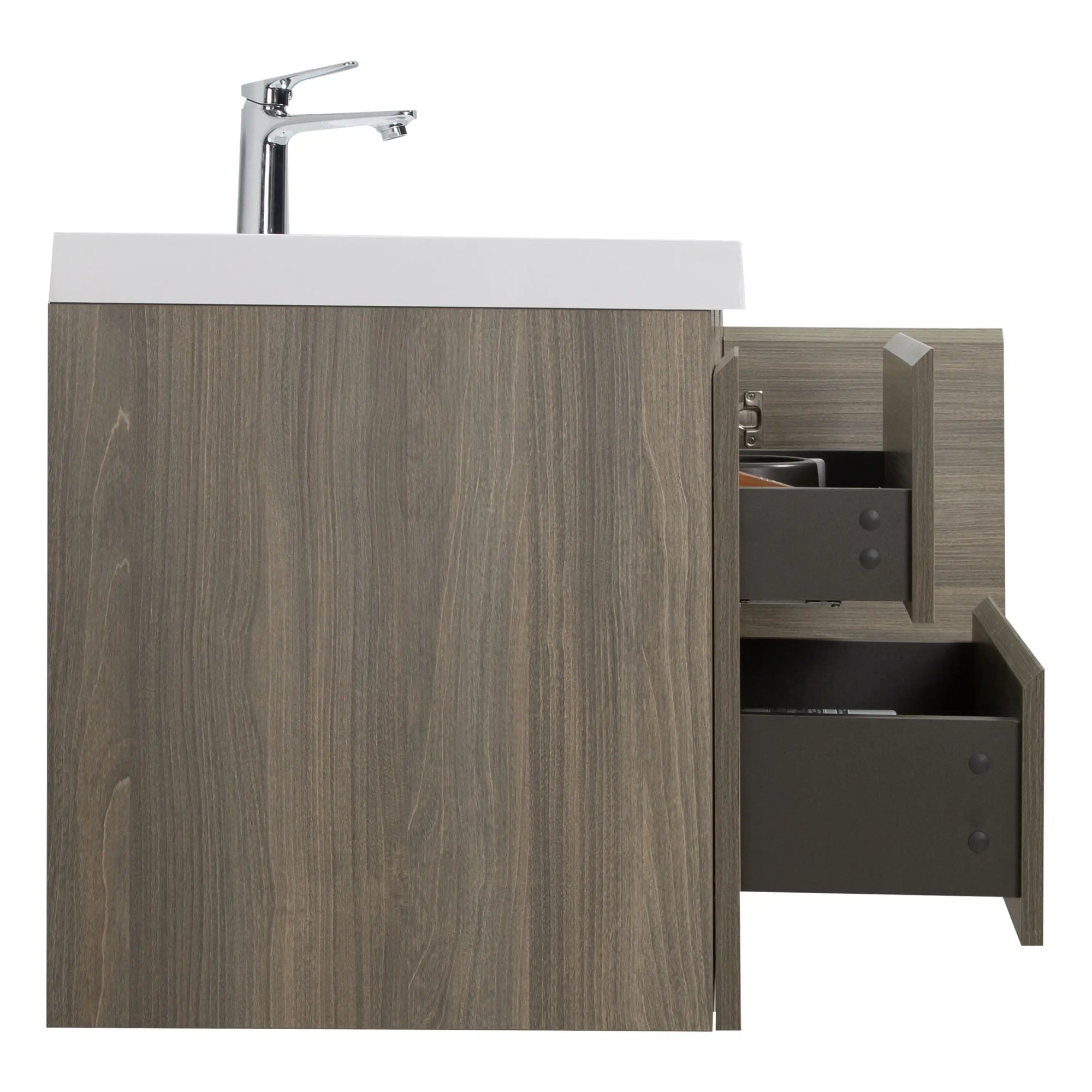 48 inch bathroom vanity in ash grey finish with side view and soft-close drawers | Ace Decor