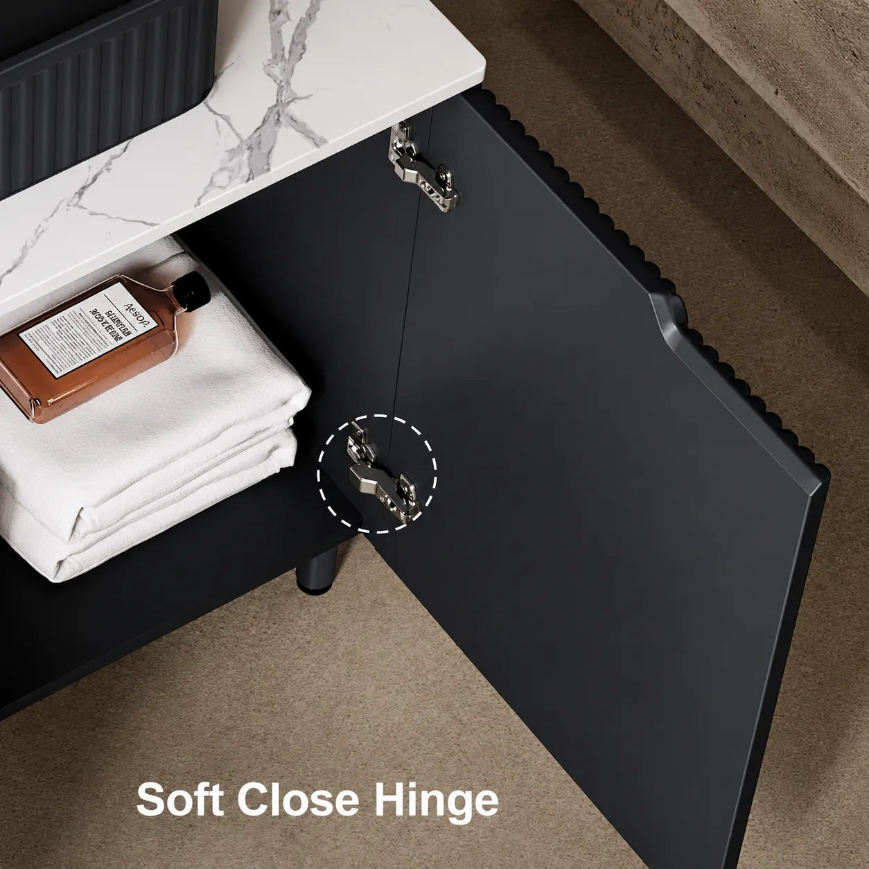 Flutia 30 inch black bathroom vanity with soft-close cabinet doors and durable hinges.