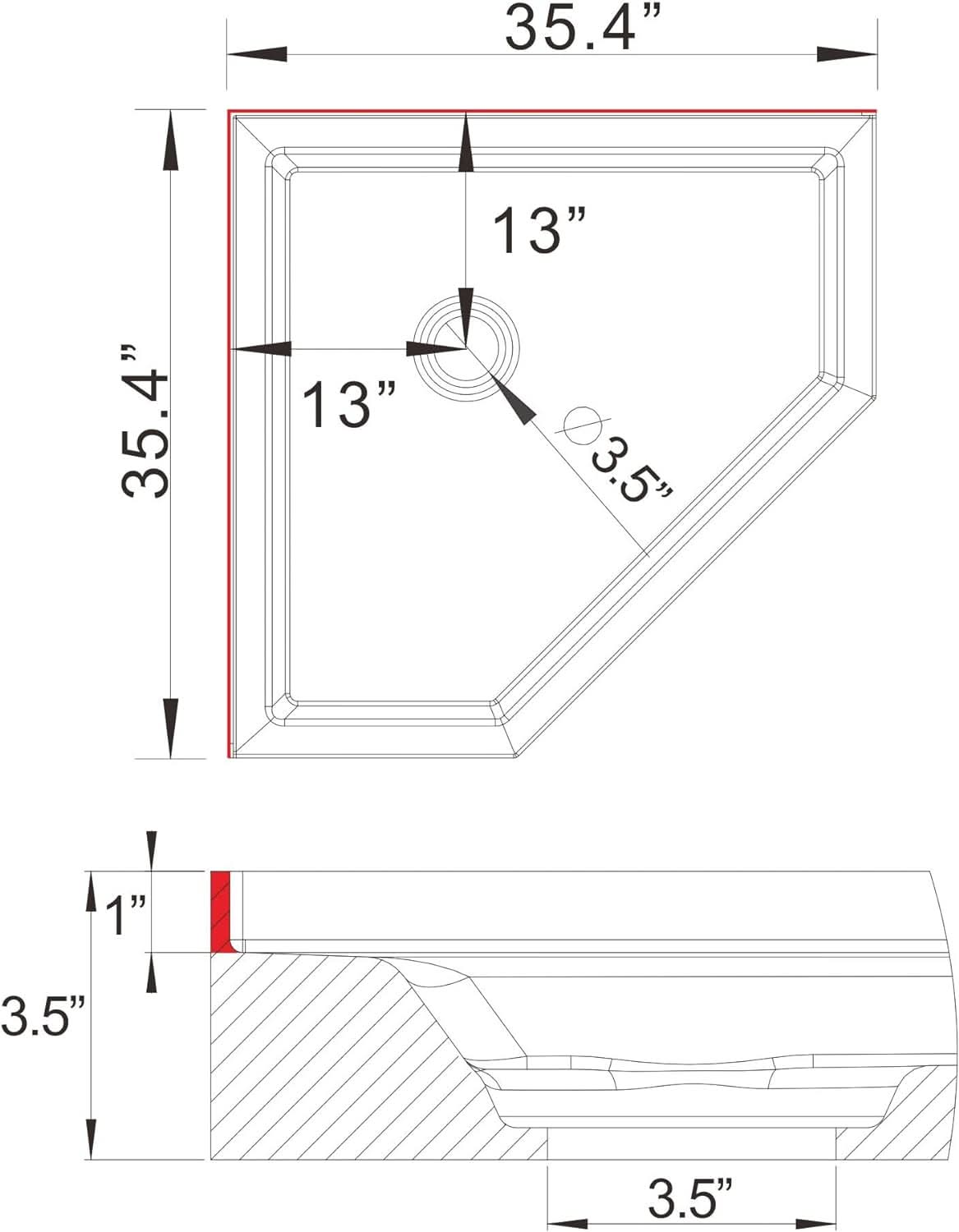 Corner Drain Neo-Angle Shower Base for Tile color:White