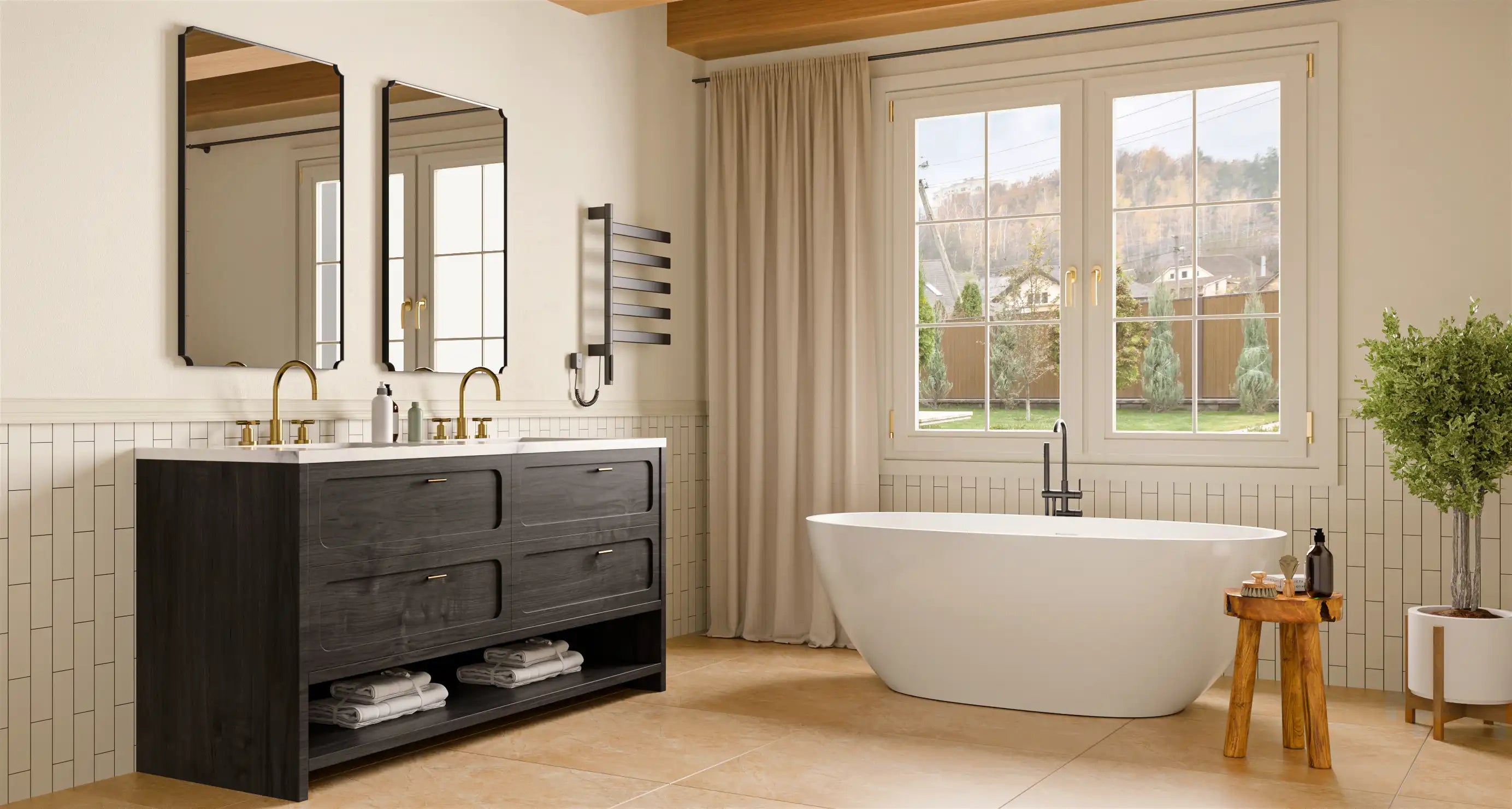 Luxury modern bathroom with double vanity, freestanding tub, and large window overlooking garden. Features gold faucets, dark wood, and natural light.
