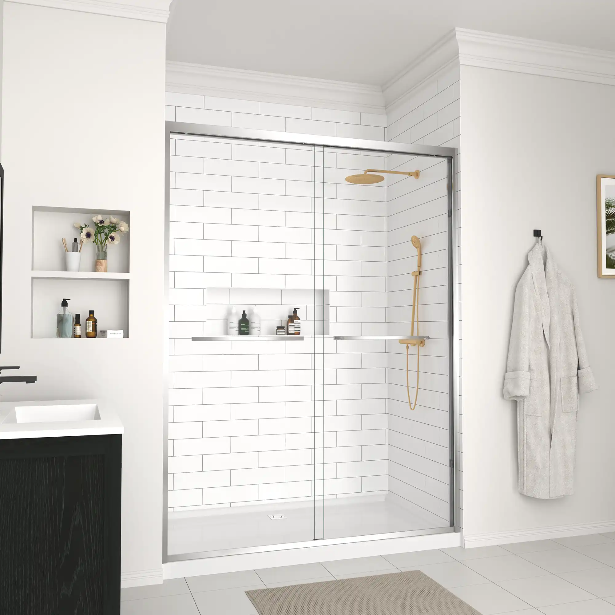 Side angle of 60 x 70 framed sliding shower door showcasing clear glass panels and chrome frame.