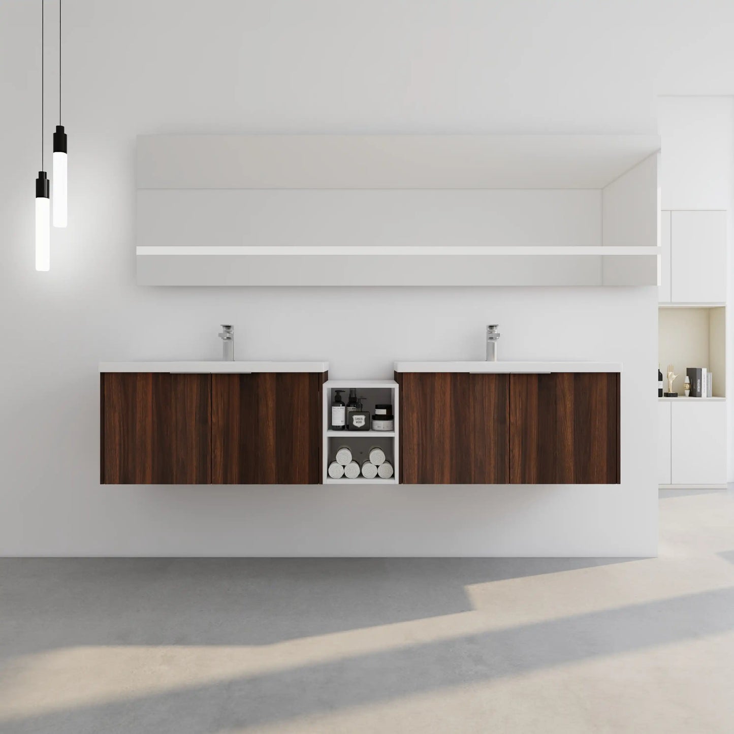 Floating Bathroom Cabinet with Sink & Soft-Close Doors - Ideal for Small Bathrooms color: California Walnut | size: 83 inch | combination: Middle Side Cabinet