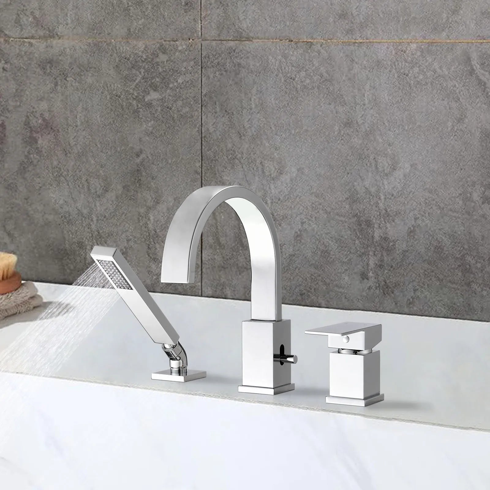 FLUNIX Chrome Brass Waterfall Roman Deck Mounted Tub Faucet Set with Hand Shower