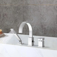 FLUNIX Chrome Waterfall Roman Tub Faucet installed on bathtub, with handheld shower spraying water.