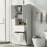 tall bathroom cabinet with laundry basket color:White